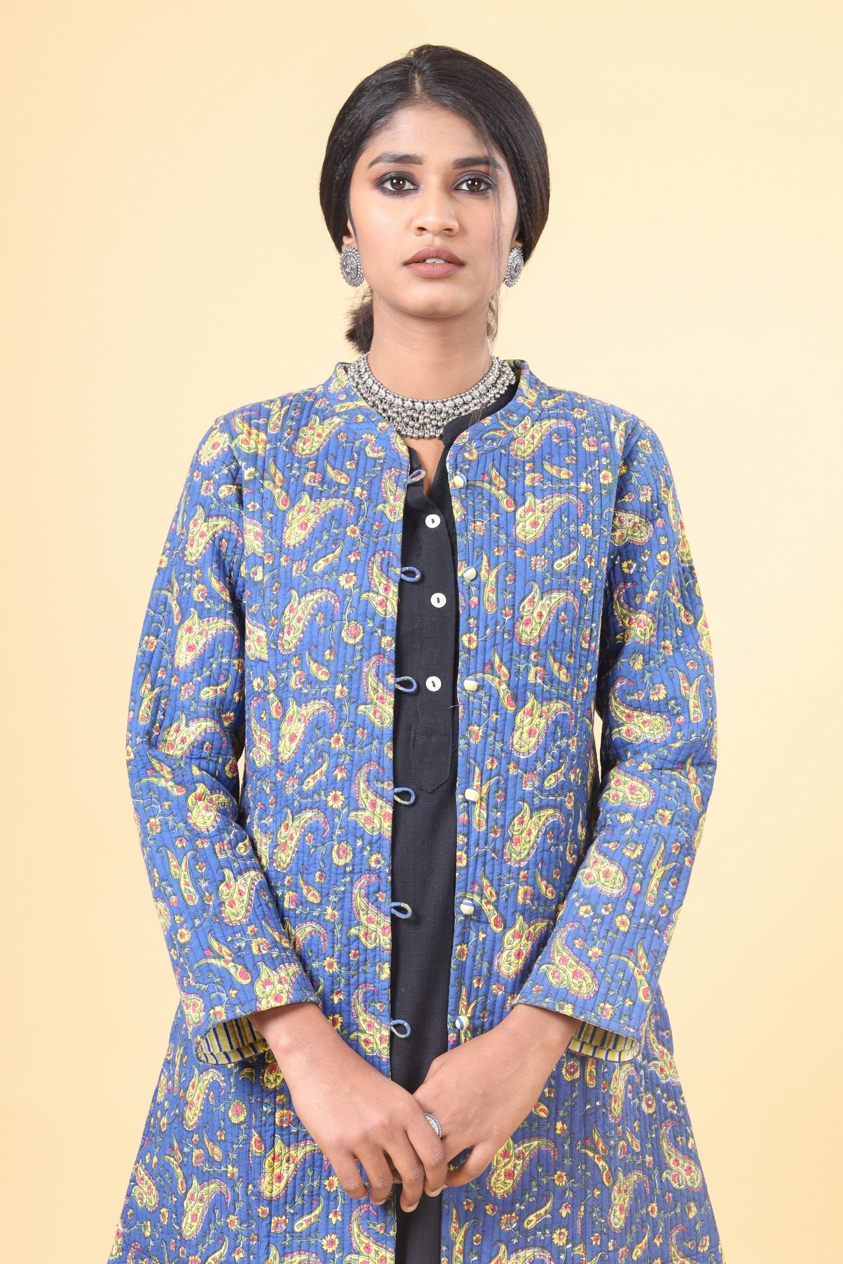 Azure Blue With Lemon Yellow Cotton Quilted Jacket