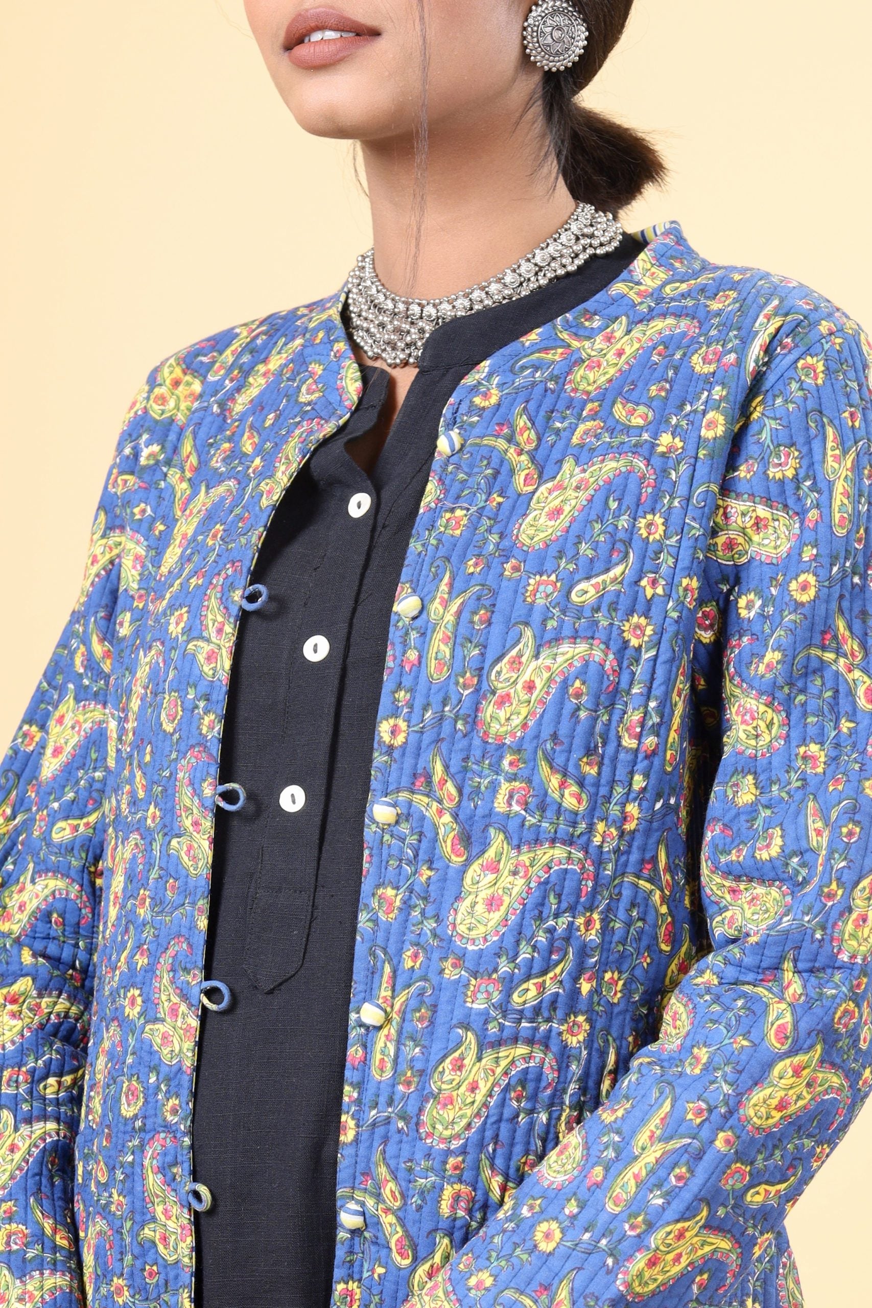 Azure Blue With Lemon Yellow Cotton Quilted Jacket