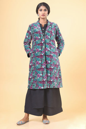 Pine green with mulberry collared long velvet jacket
