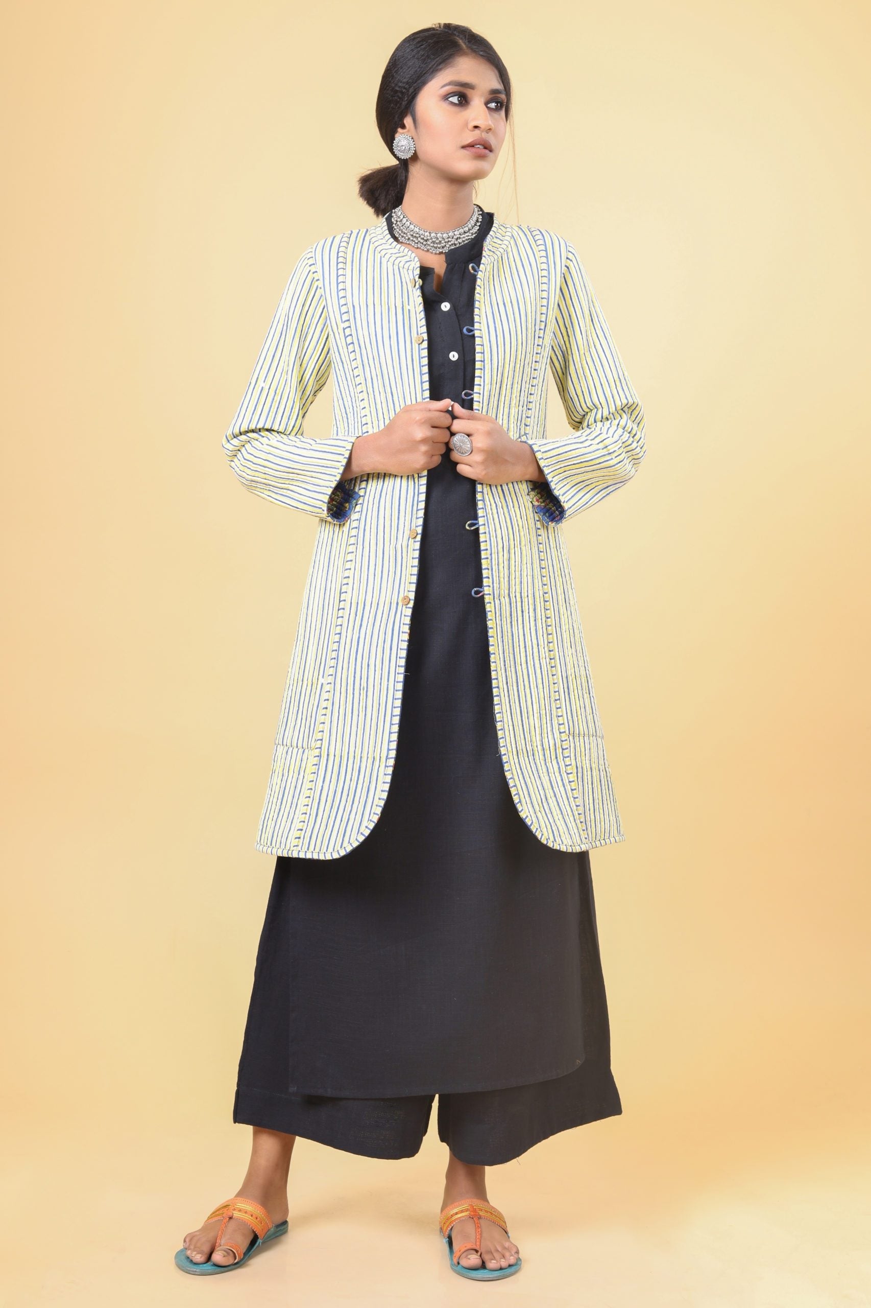 Azure Blue With Lemon Yellow Cotton Quilted Jacket