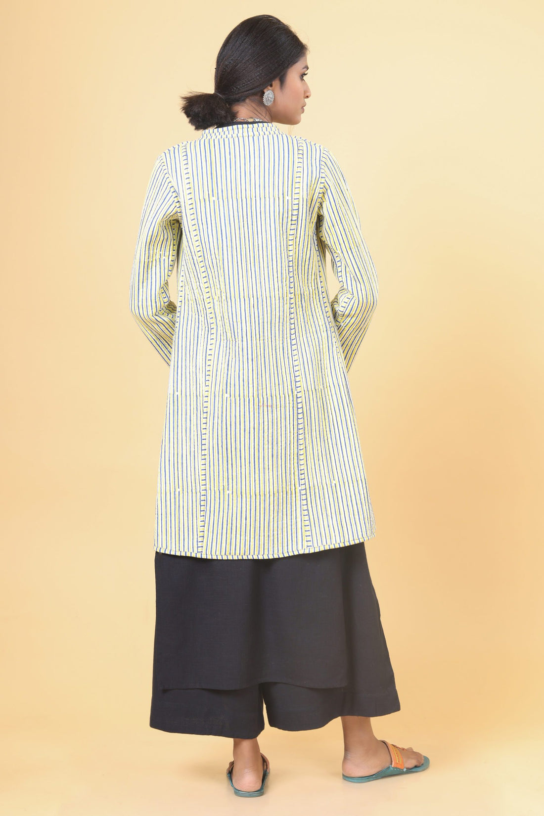 Azure Blue With Lemon Yellow Cotton Quilted Jacket