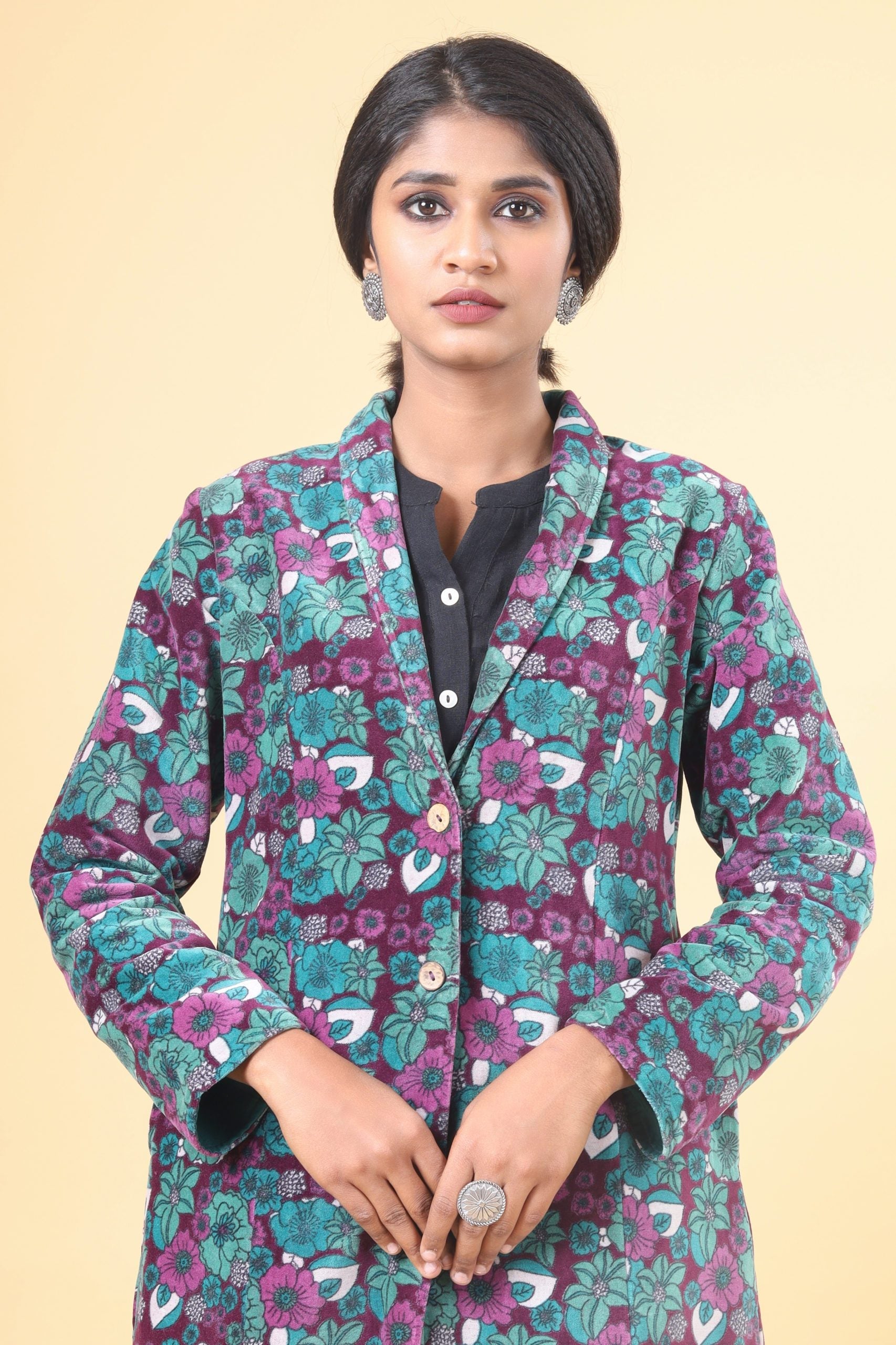 Pine green with mulberry collared long velvet jacket