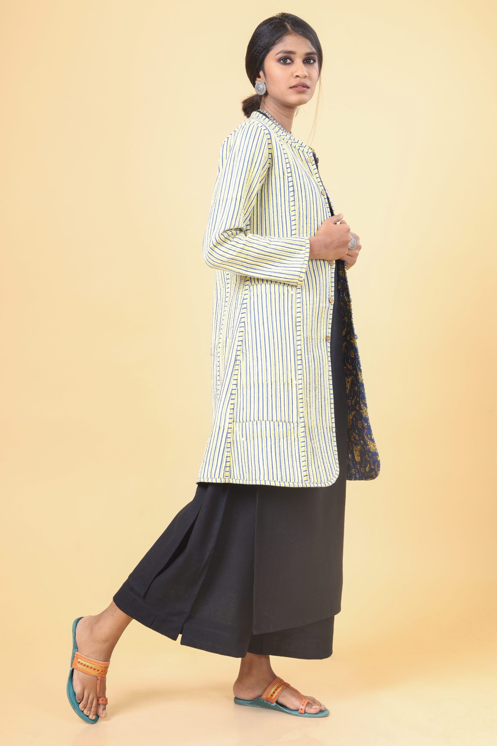 Azure Blue With Lemon Yellow Cotton Quilted Jacket