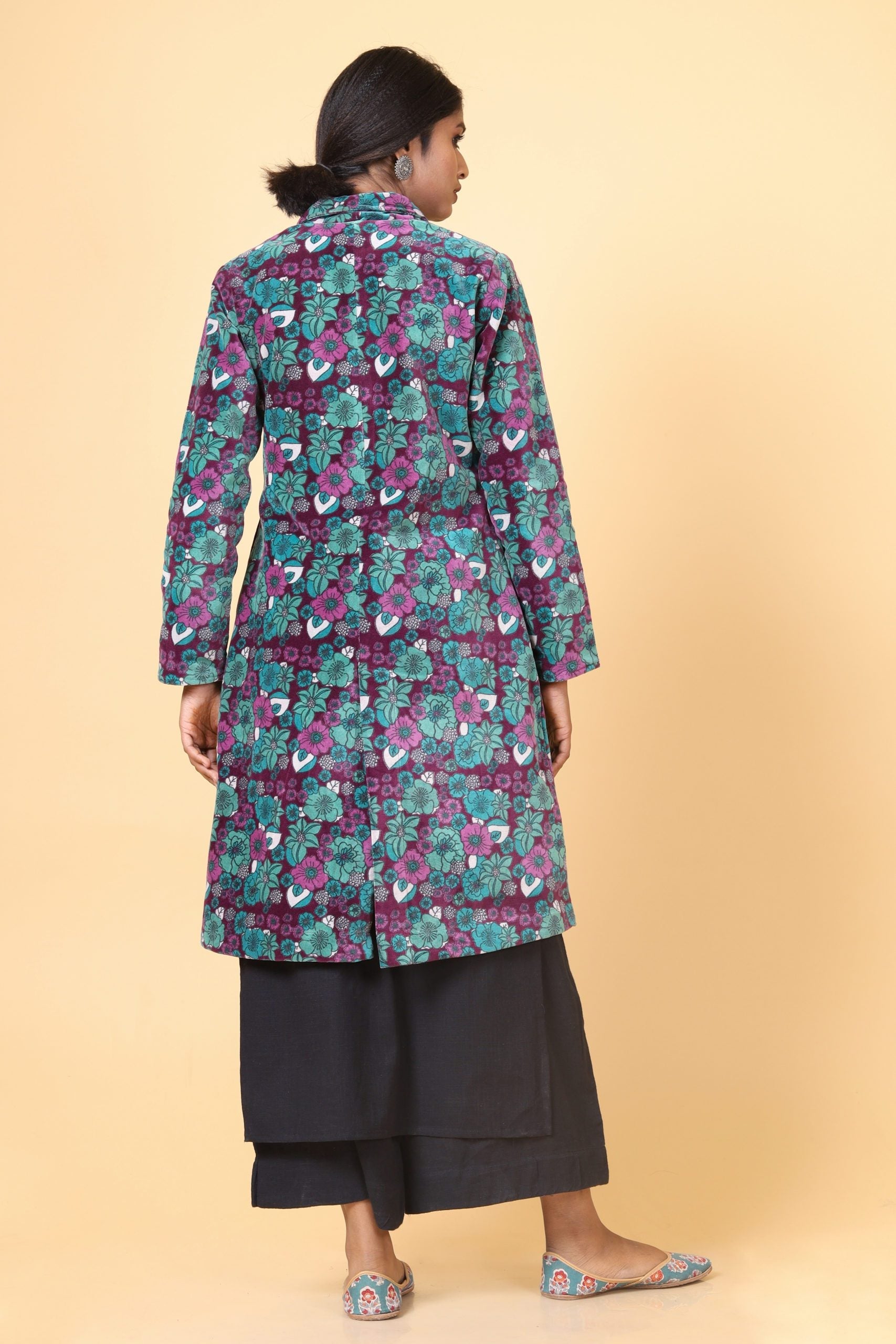Pine green with mulberry collared long velvet jacket