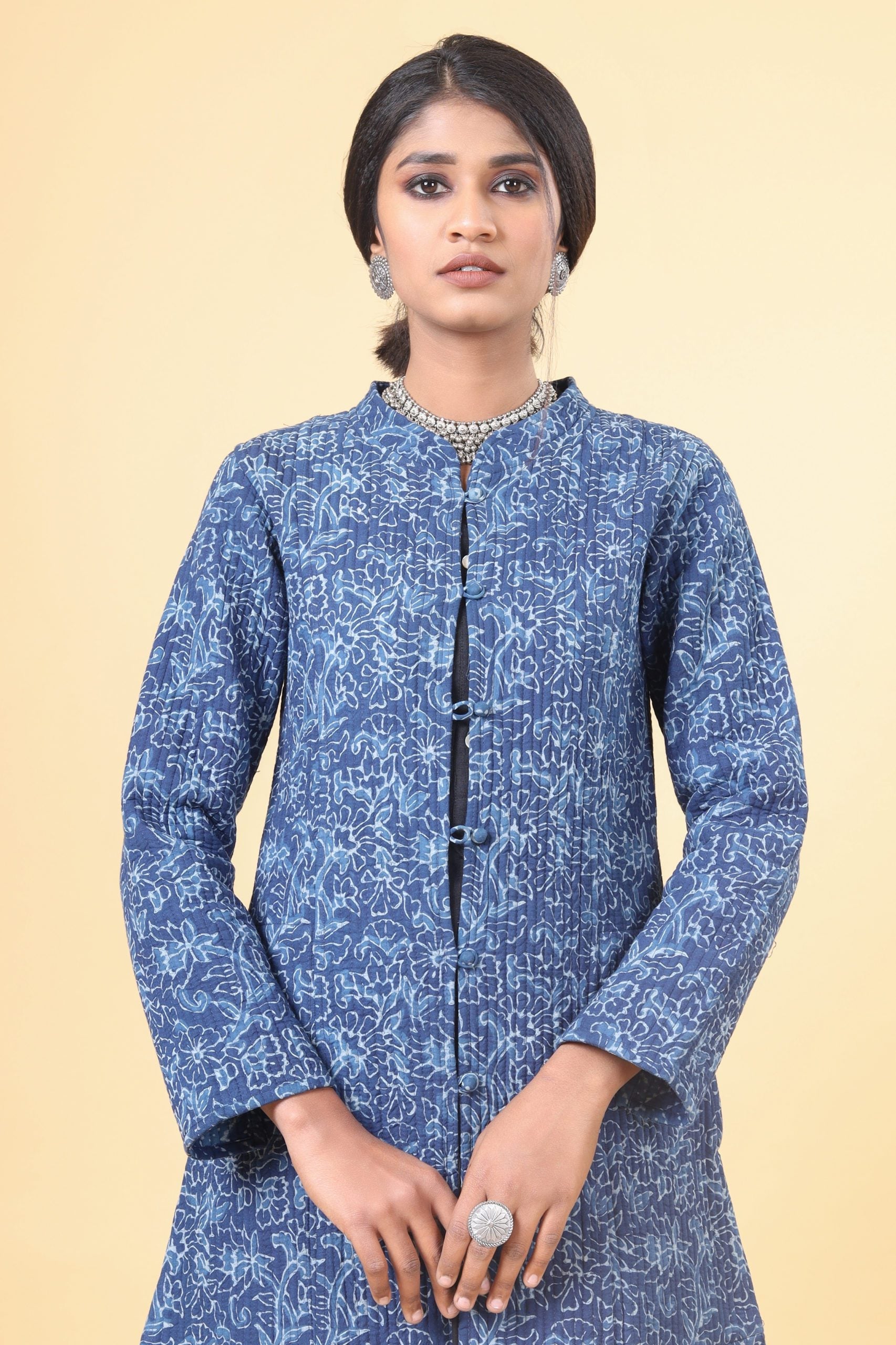 Indigo With Cloud Grey Cotton Quilted Jacket