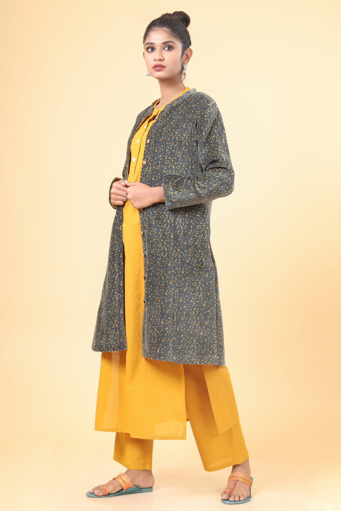 Phthalo Green With Olive Green Long Velvet Jacket