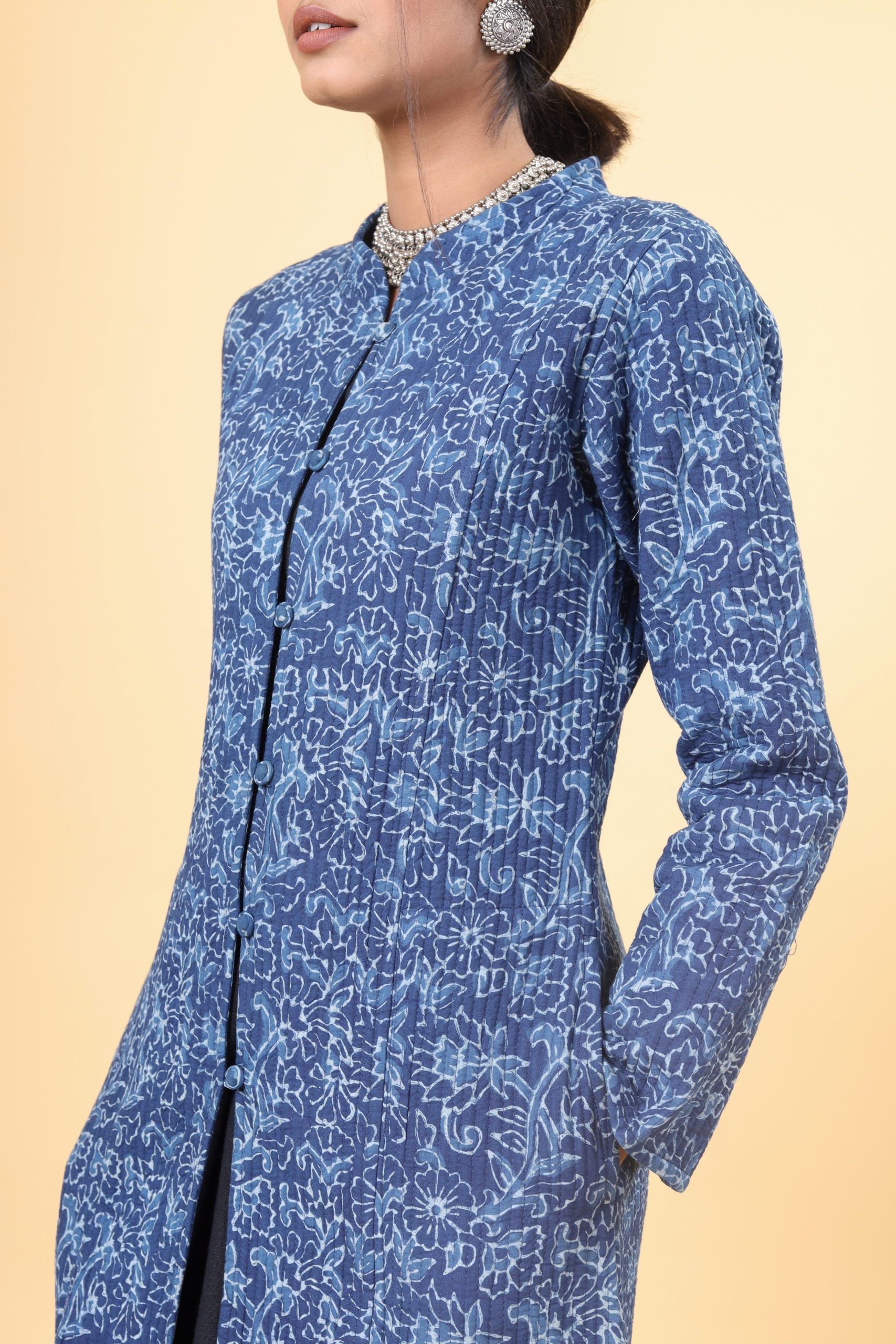 Indigo With Cloud Grey Cotton Quilted Jacket