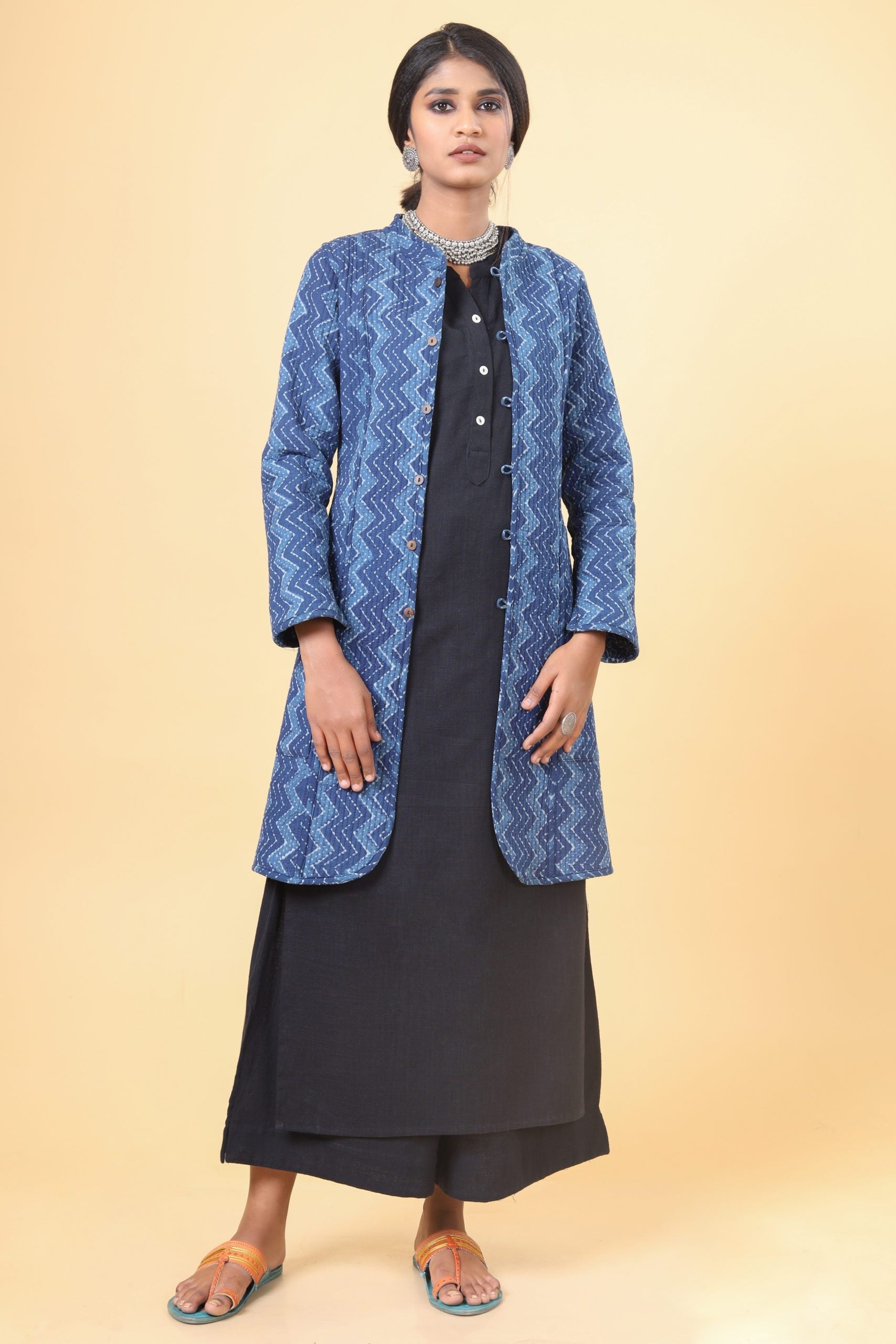 Indigo With Cloud Grey Cotton Quilted Jacket