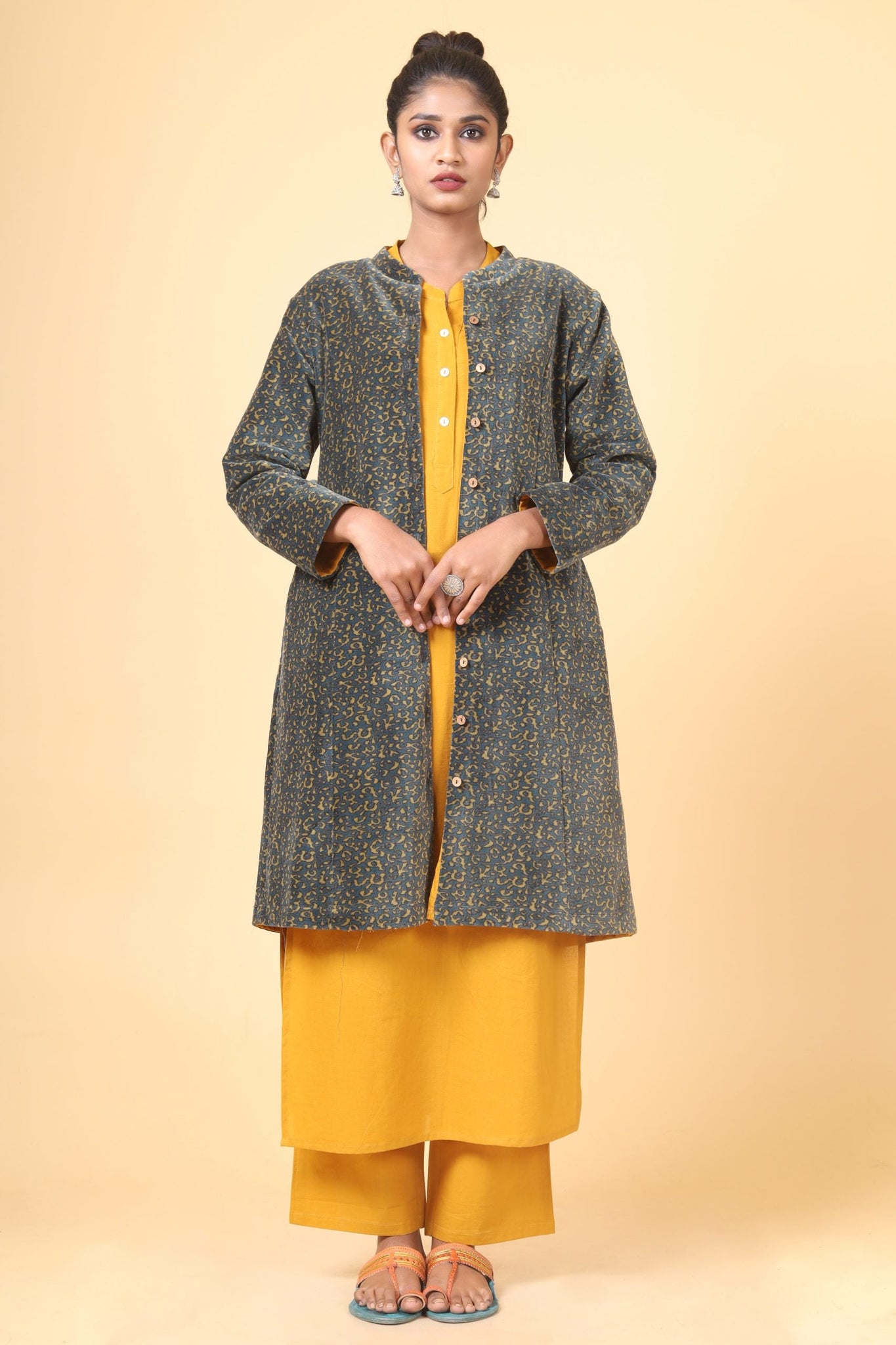 Phthalo Green With Olive Green Long Velvet Jacket