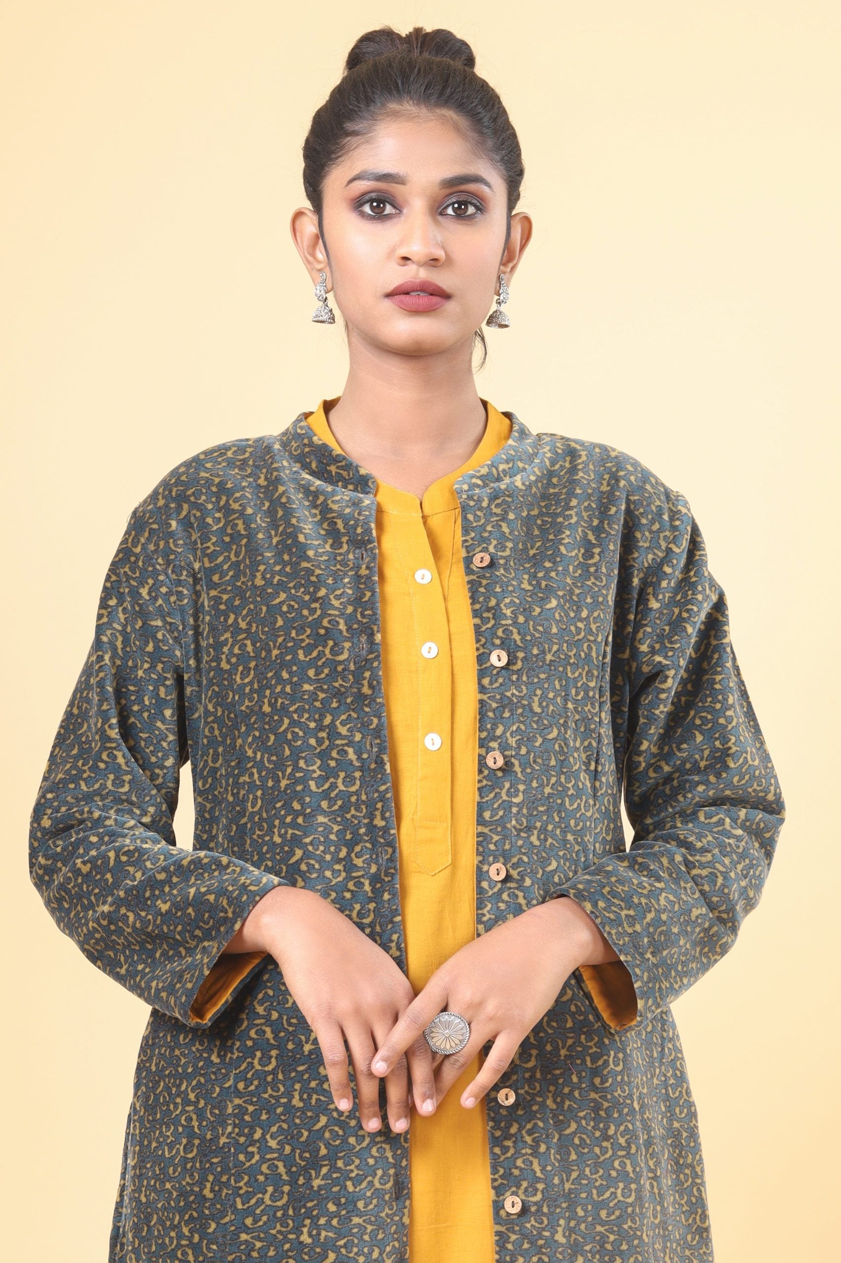 Phthalo Green With Olive Green Long Velvet Jacket