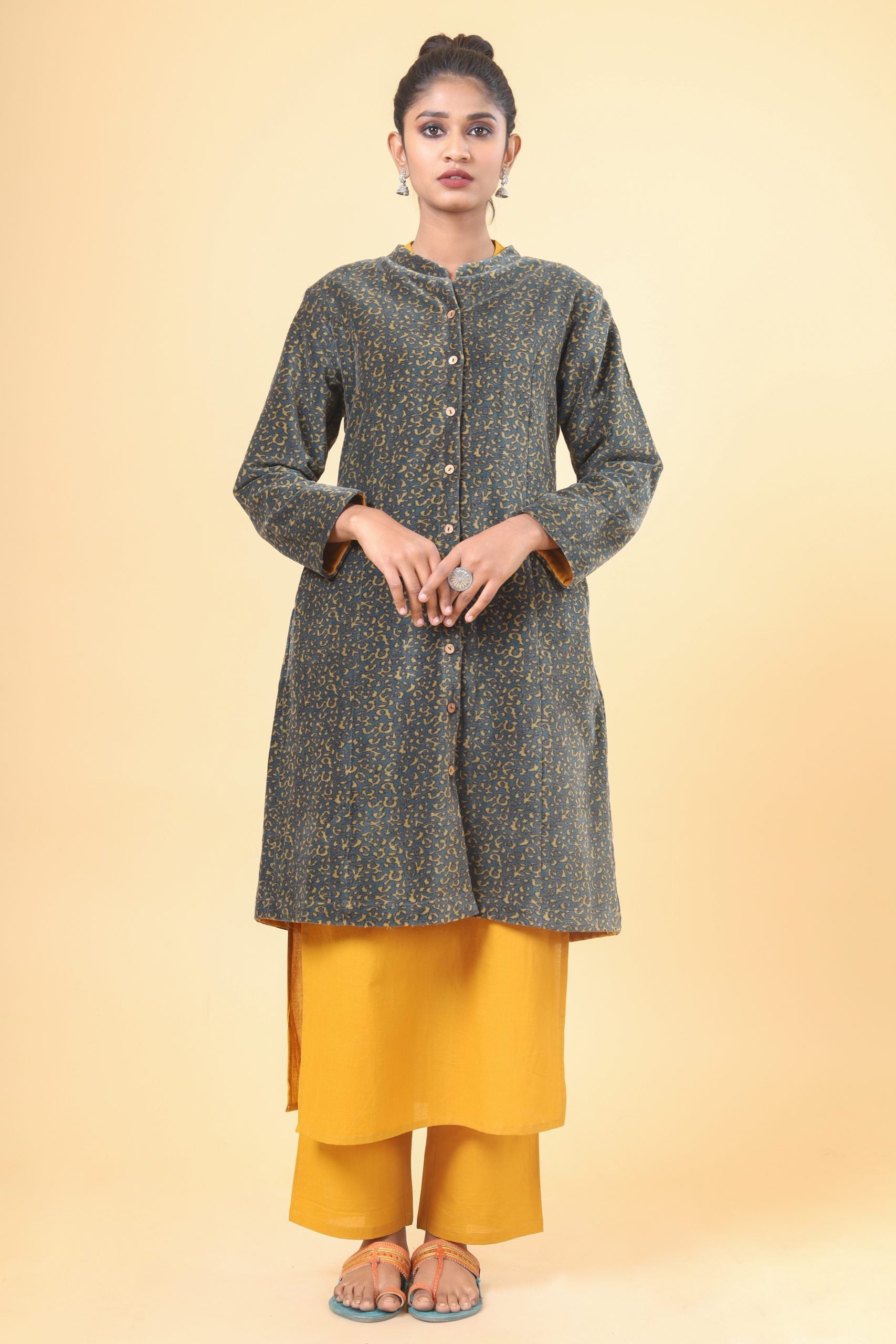 Phthalo Green With Olive Green Long Velvet Jacket