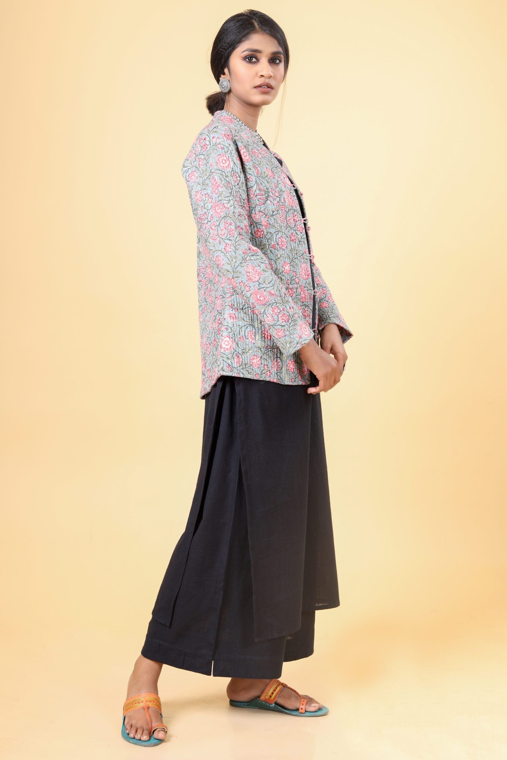 Cloud Grey With Salmon Pink Cotton Quilted Jacket