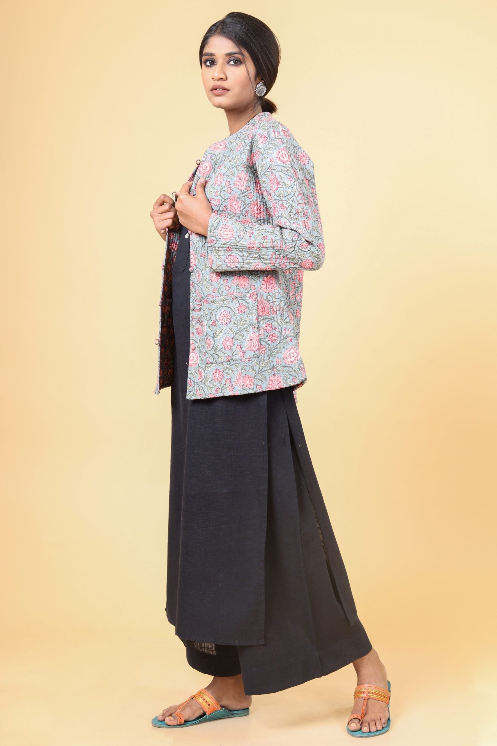 Cloud Grey With Salmon Pink Cotton Quilted Jacket