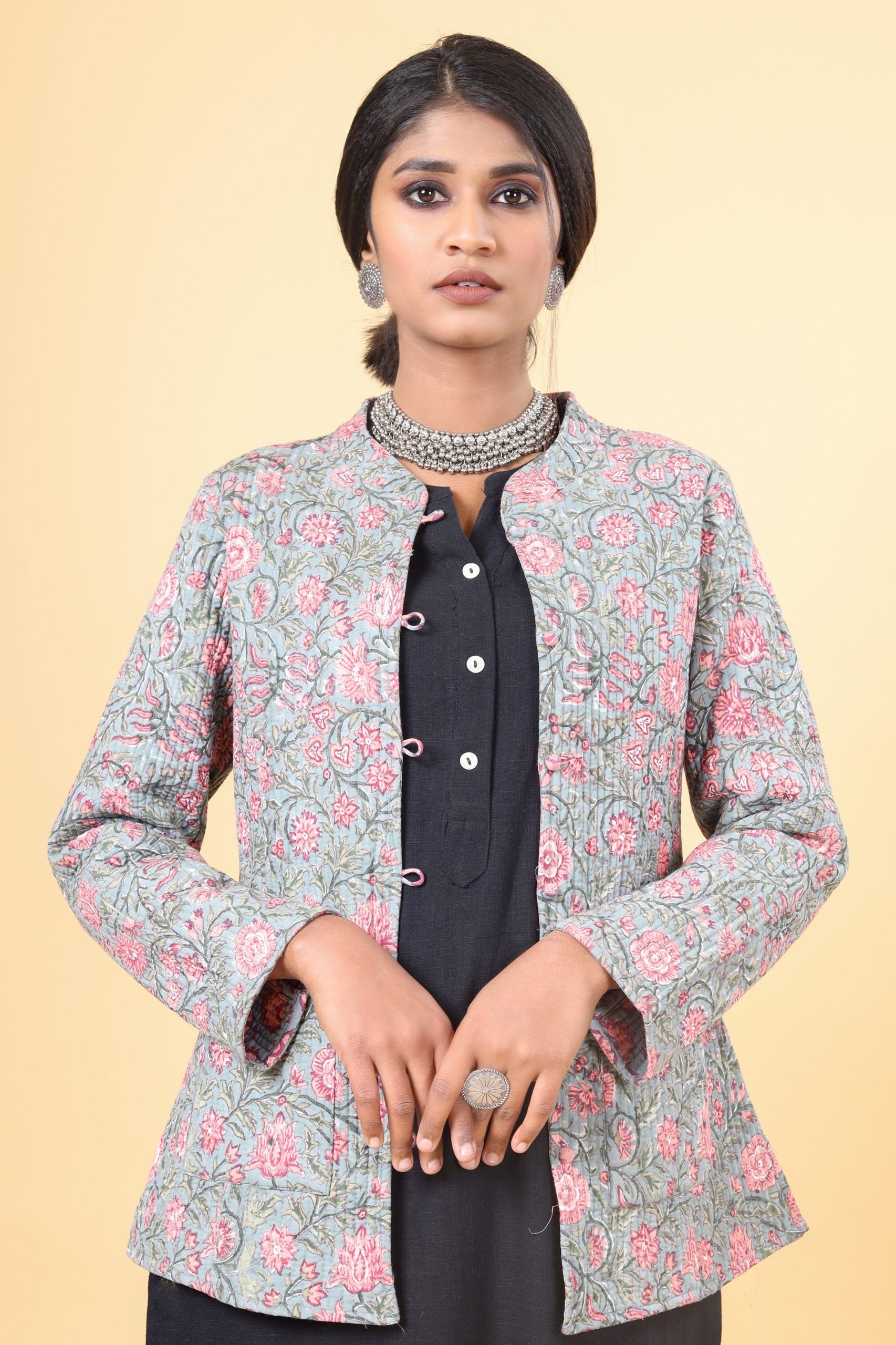 Cloud Grey With Salmon Pink Cotton Quilted Jacket