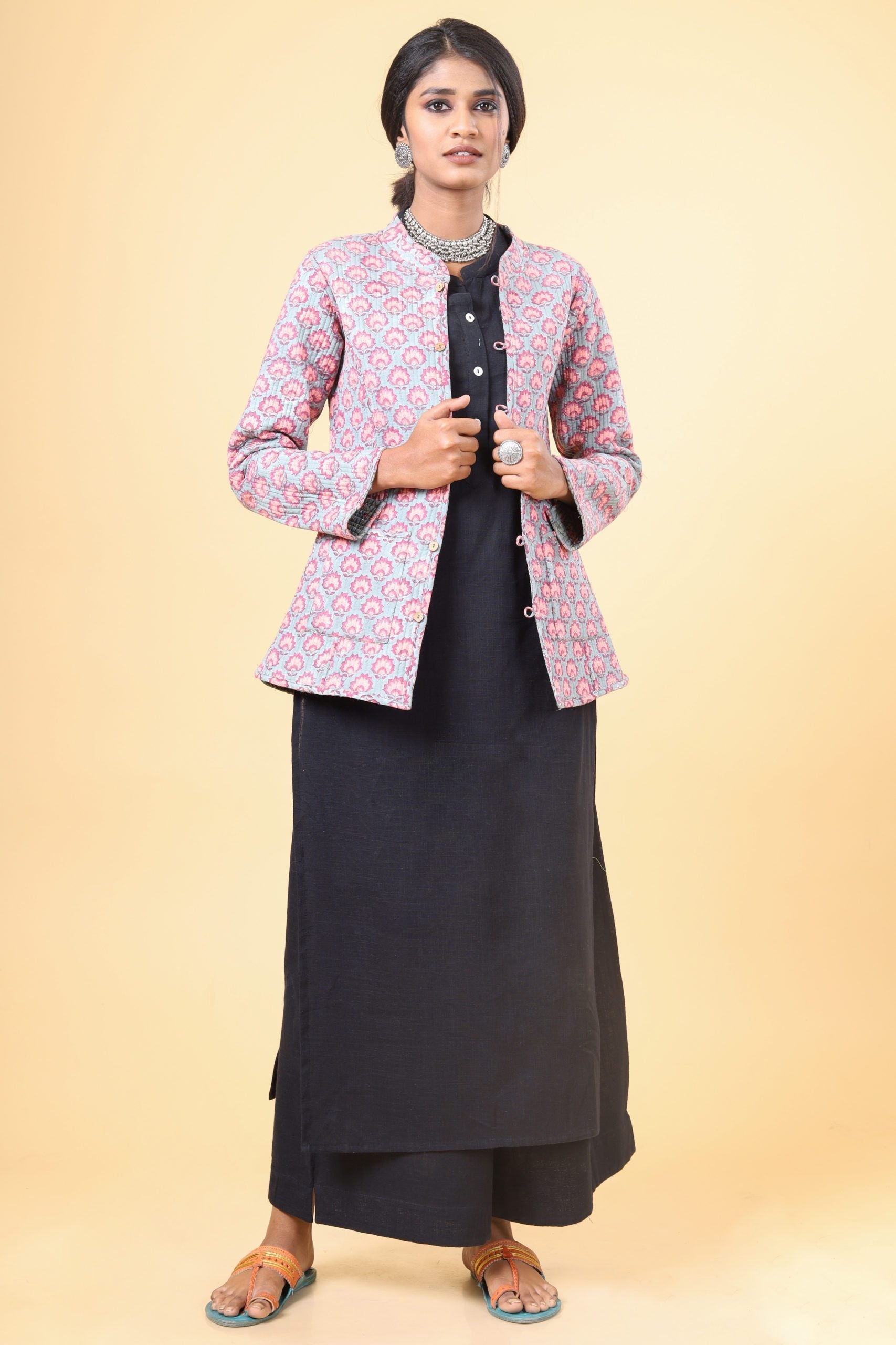 Cloud Grey With Salmon Pink Cotton Quilted Jacket