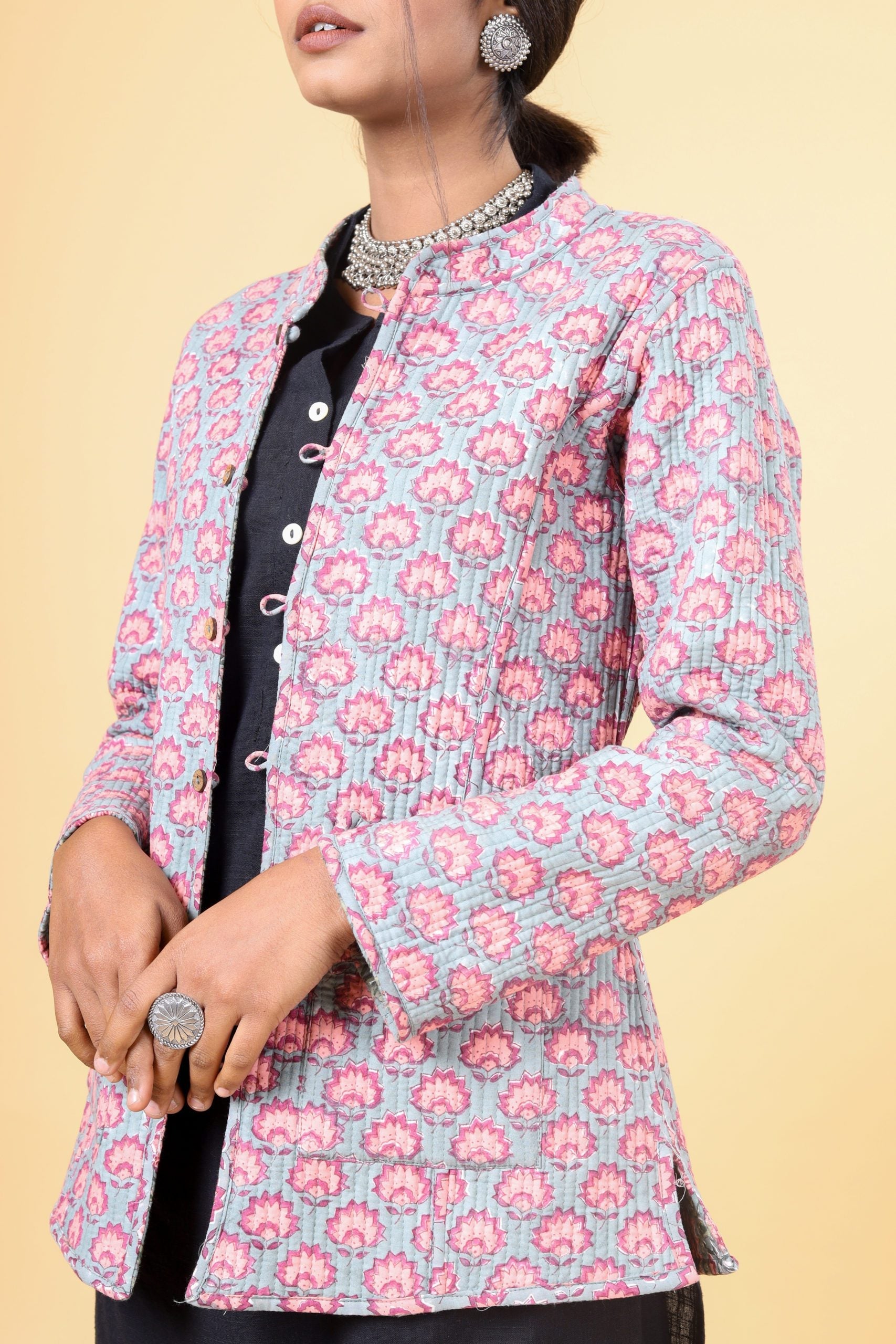 Cloud Grey With Salmon Pink Cotton Quilted Jacket