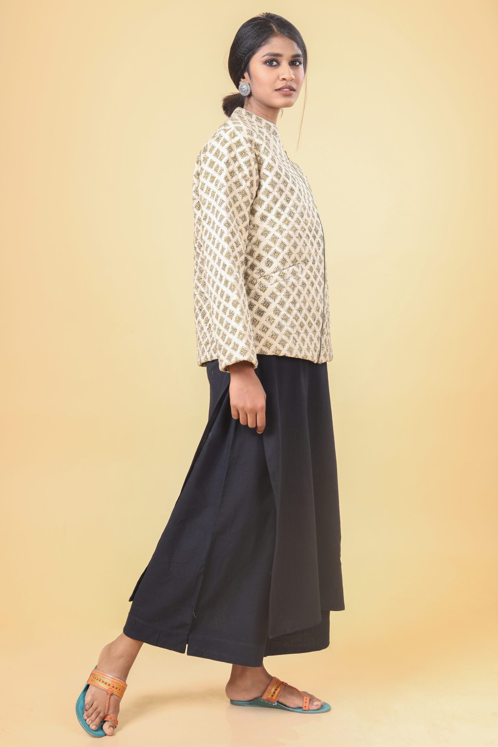Cosmic Latte With Canary Yellow Short Cotton Quilted Jacket
