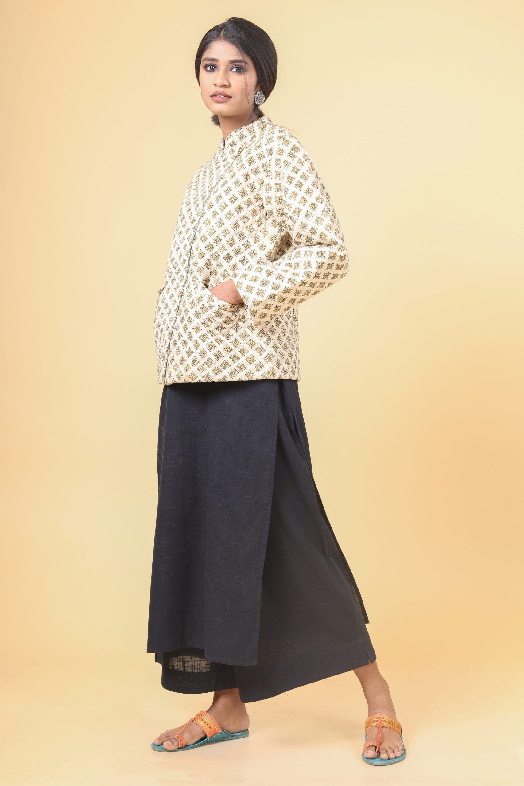 Cosmic Latte With Canary Yellow Short Cotton Quilted Jacket