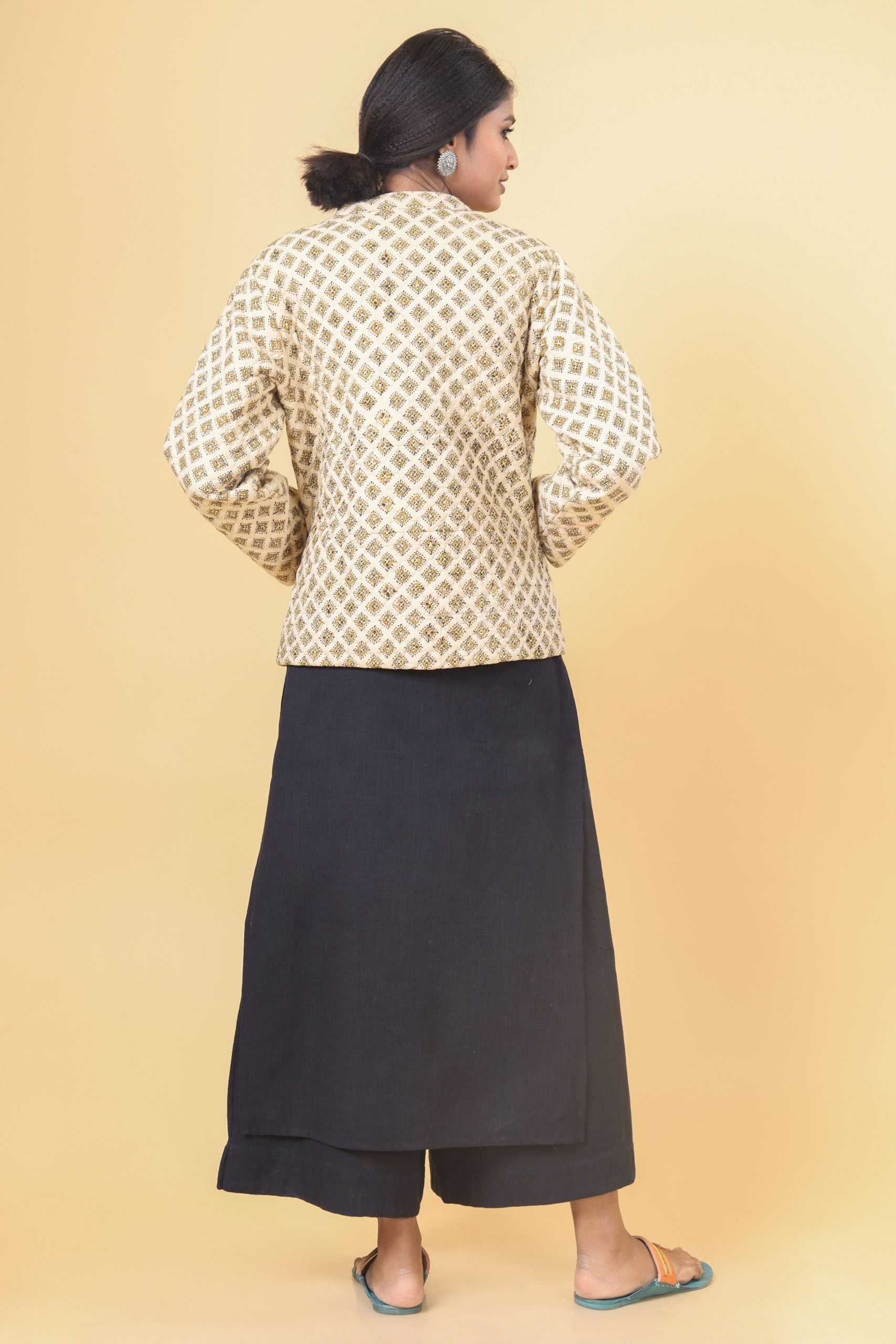 Cosmic Latte With Canary Yellow Short Cotton Quilted Jacket