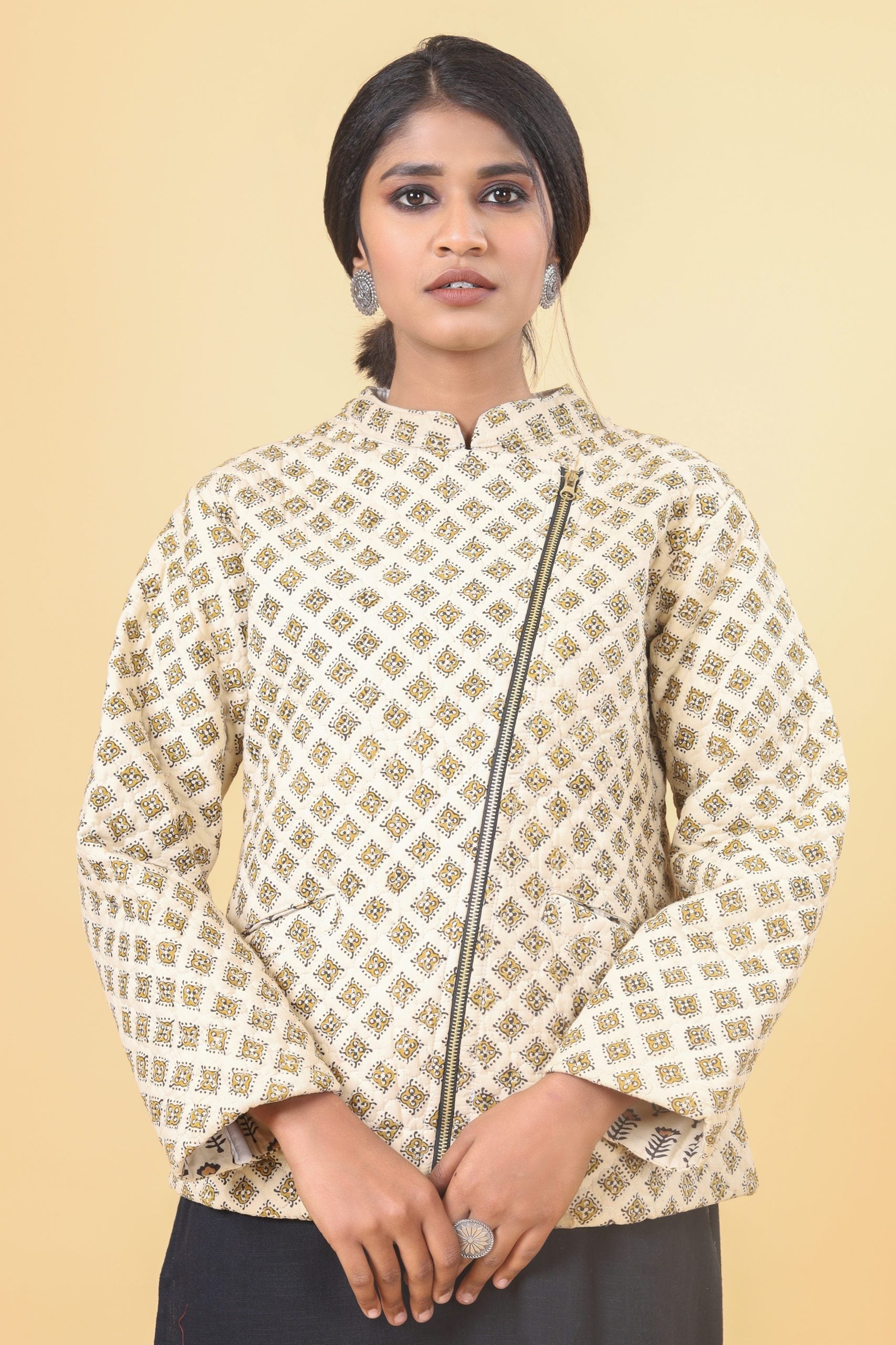 Cosmic Latte With Canary Yellow Short Cotton Quilted Jacket