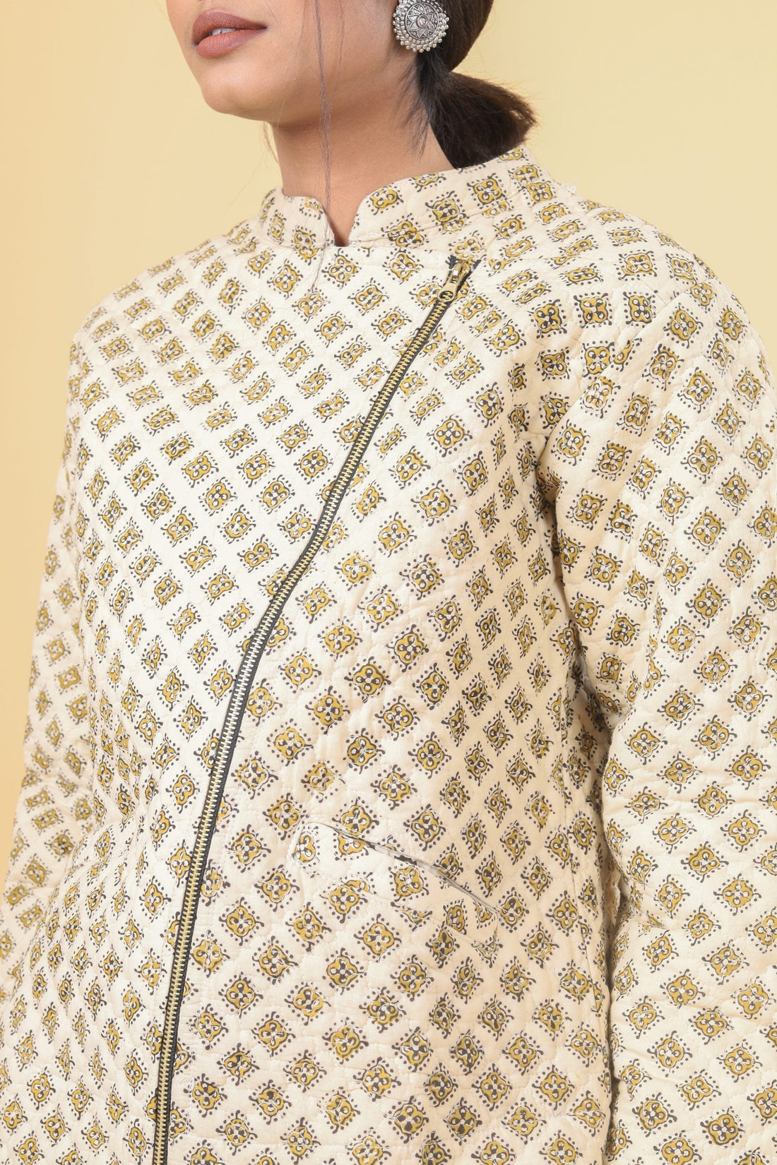Cosmic Latte With Canary Yellow Short Cotton Quilted Jacket