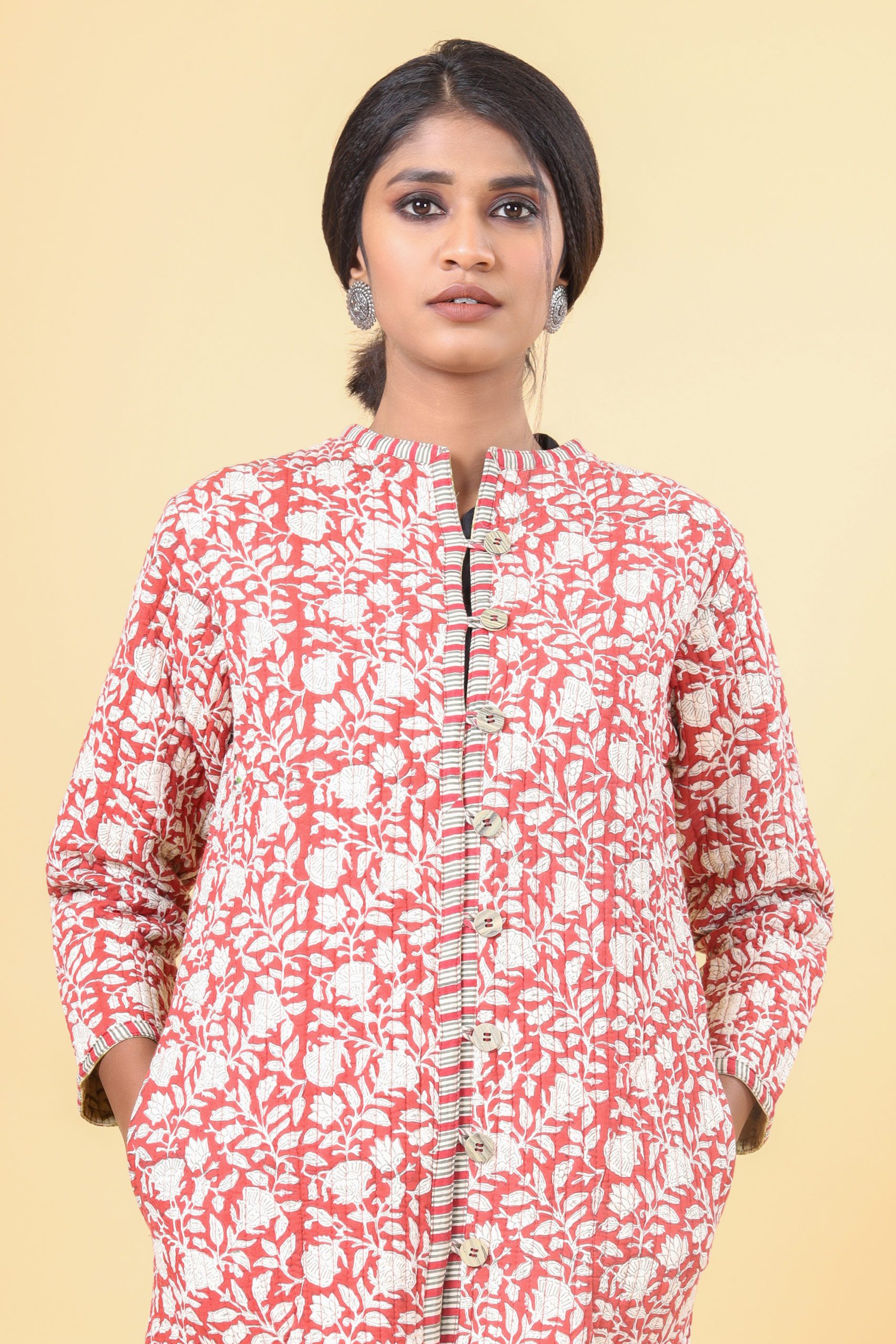 Brick Red With Beige Cotton Quilted Jacket