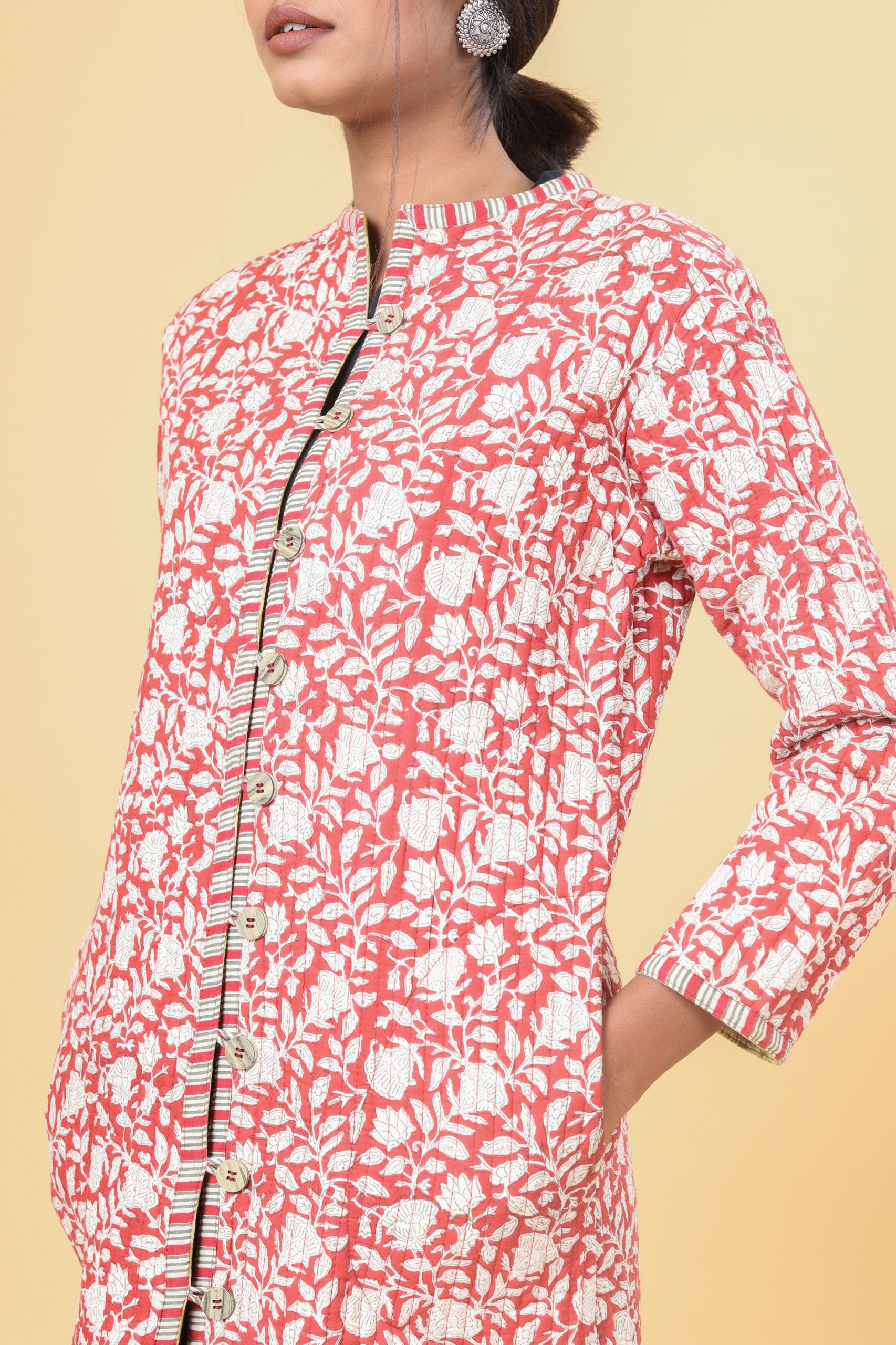 Brick Red With Beige Cotton Quilted Jacket