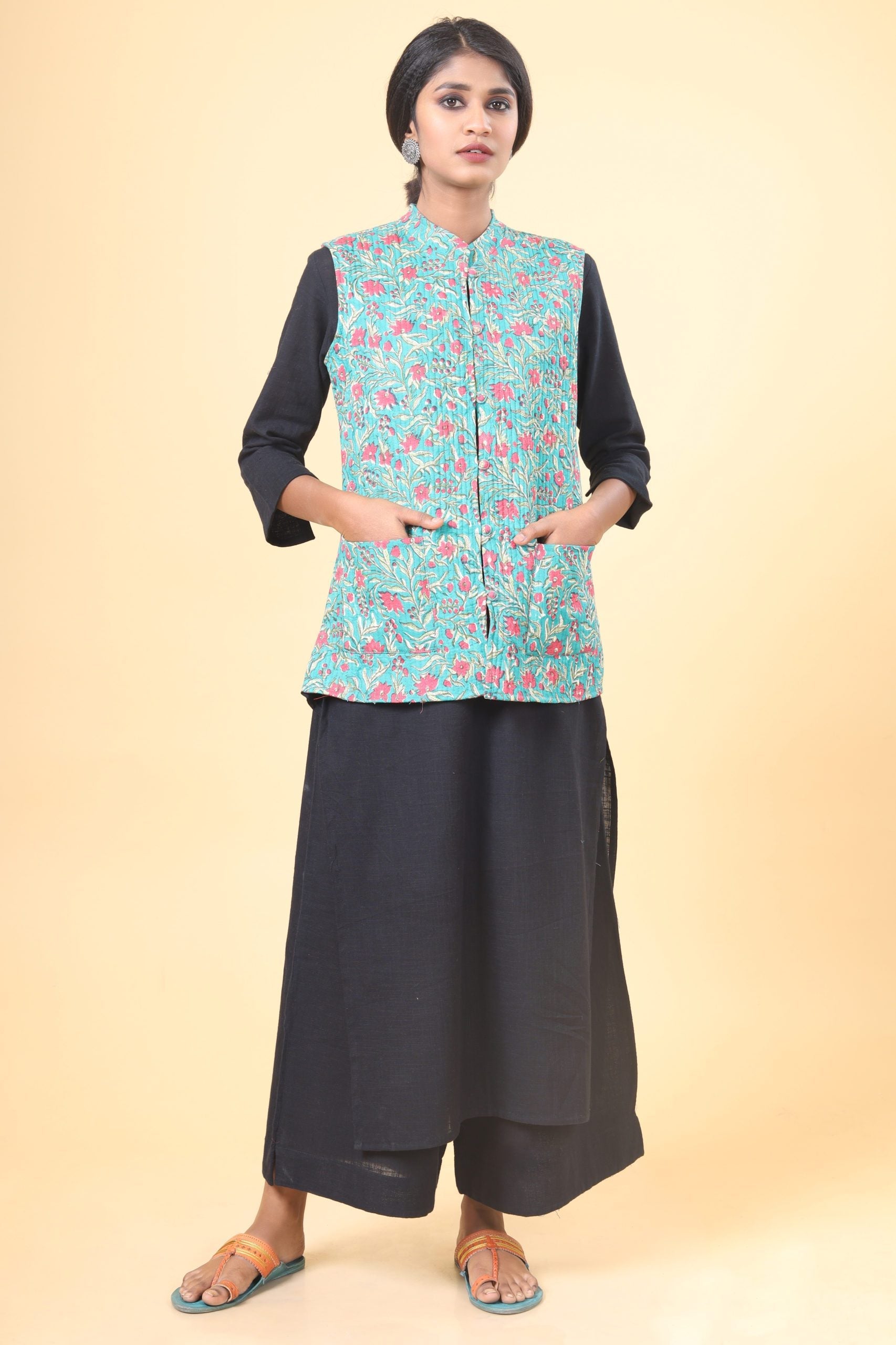 Teal Green With Rouge Pink Cotton Quilted Nehru Jacket