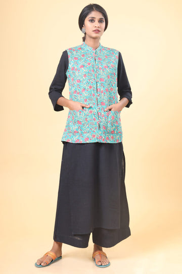 Teal Green With Rouge Pink Cotton Quilted Nehru Jacket