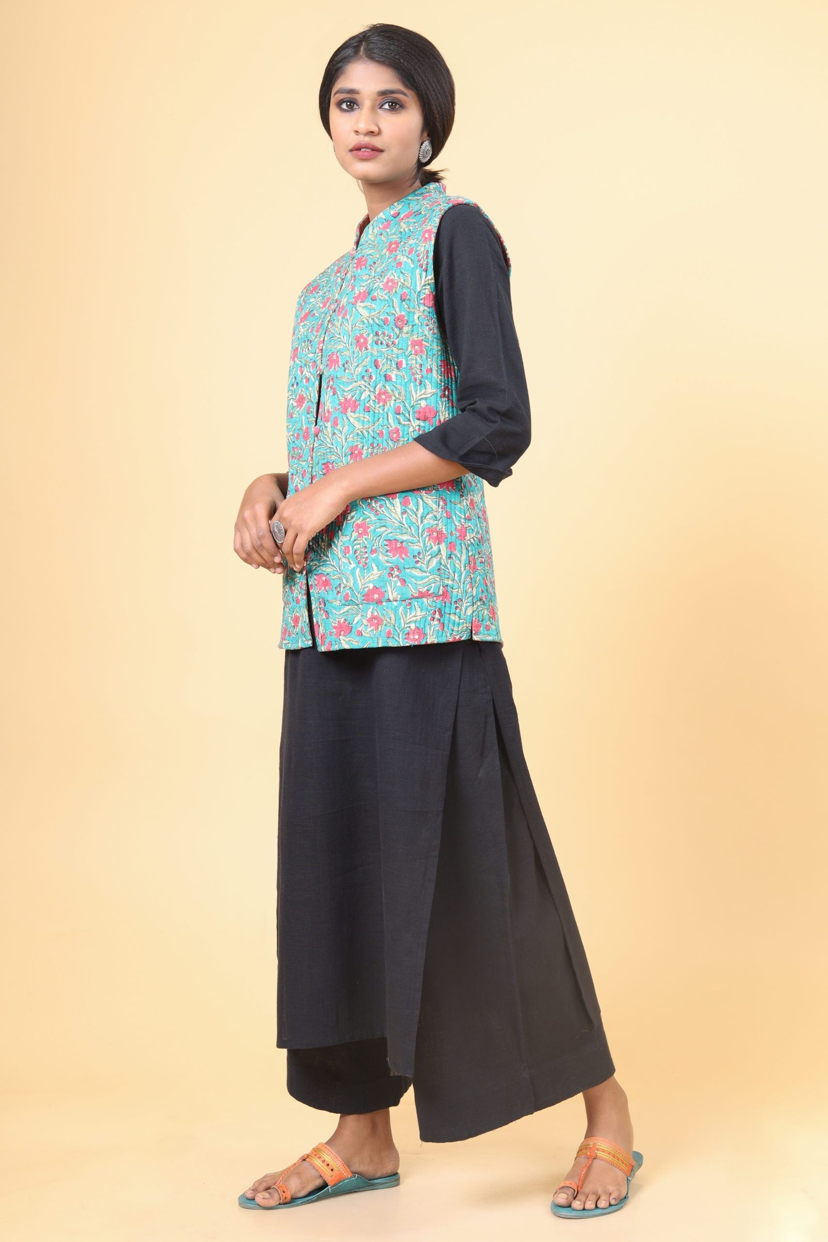 Teal Green With Rouge Pink Cotton Quilted Nehru Jacket