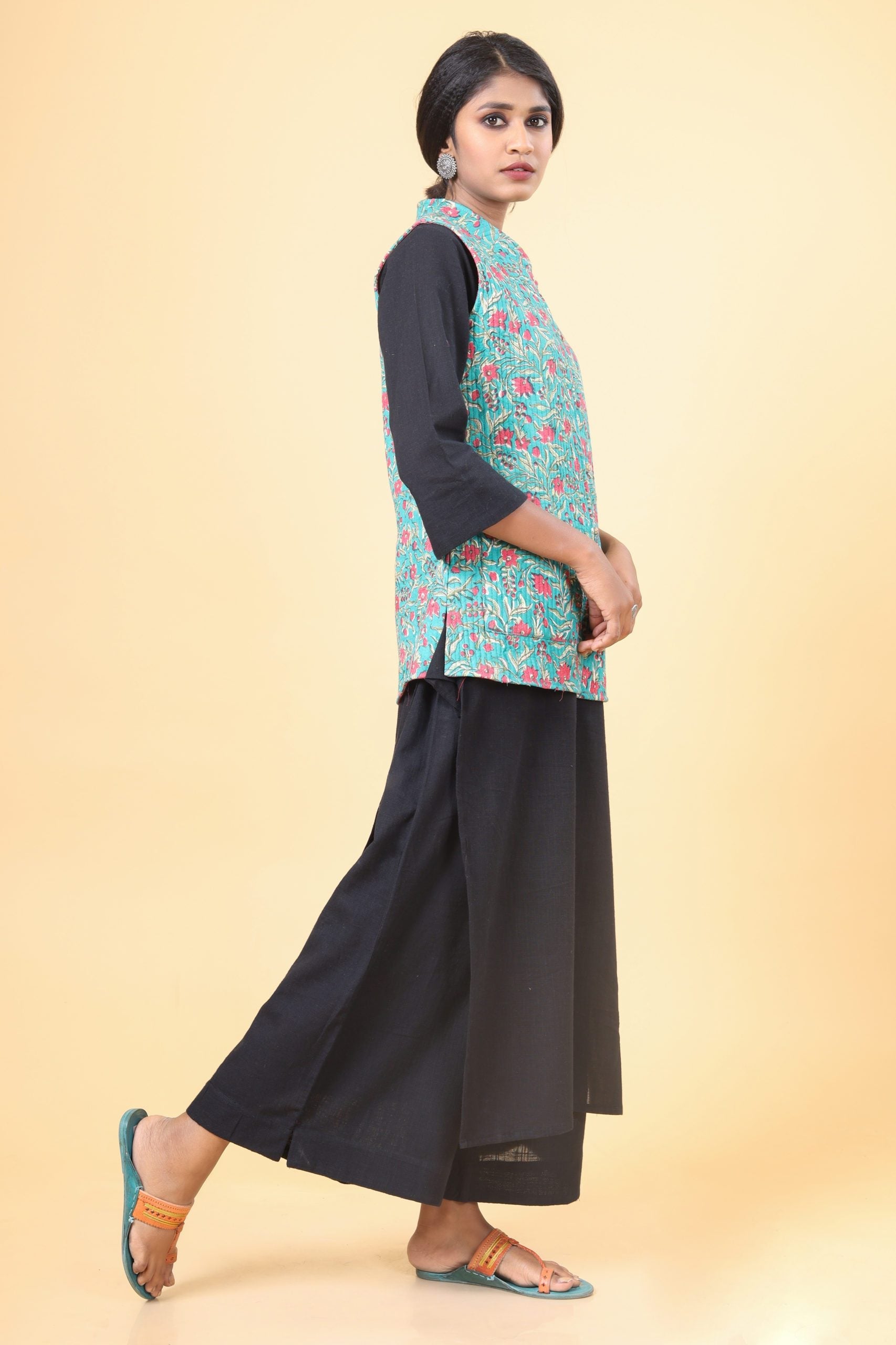 Teal Green With Rouge Pink Cotton Quilted Nehru Jacket
