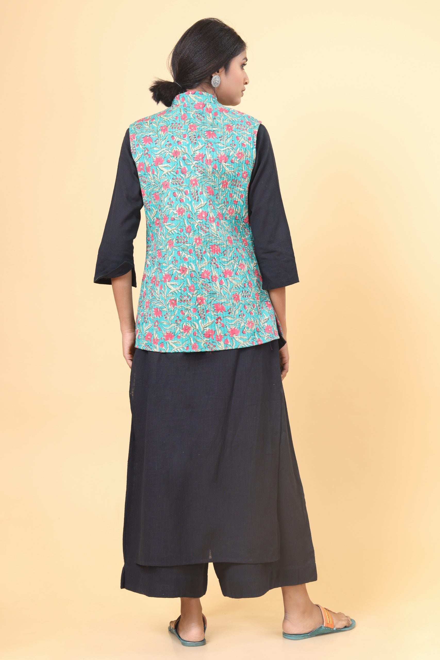 Teal Green With Rouge Pink Cotton Quilted Nehru Jacket