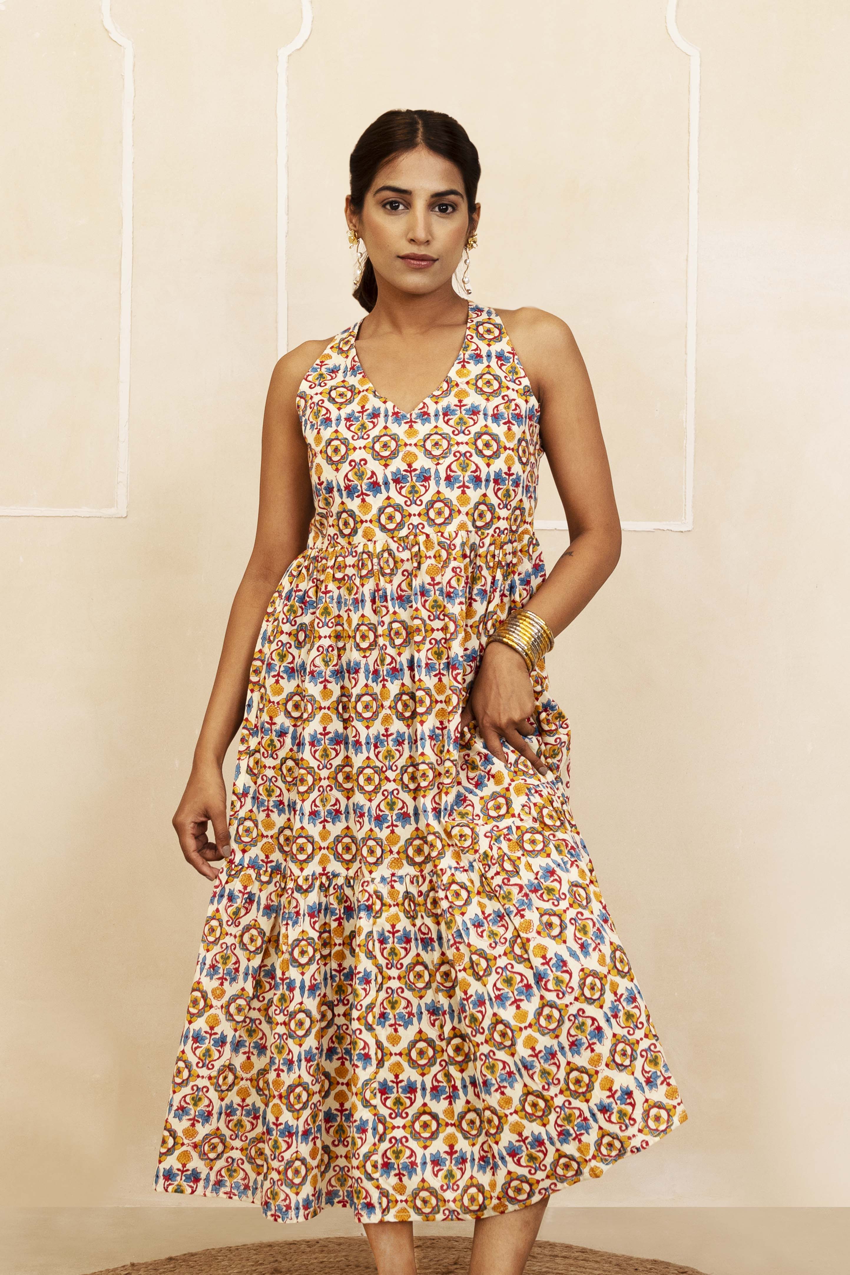 Blue, Red and Yellow Halter Neck Dress