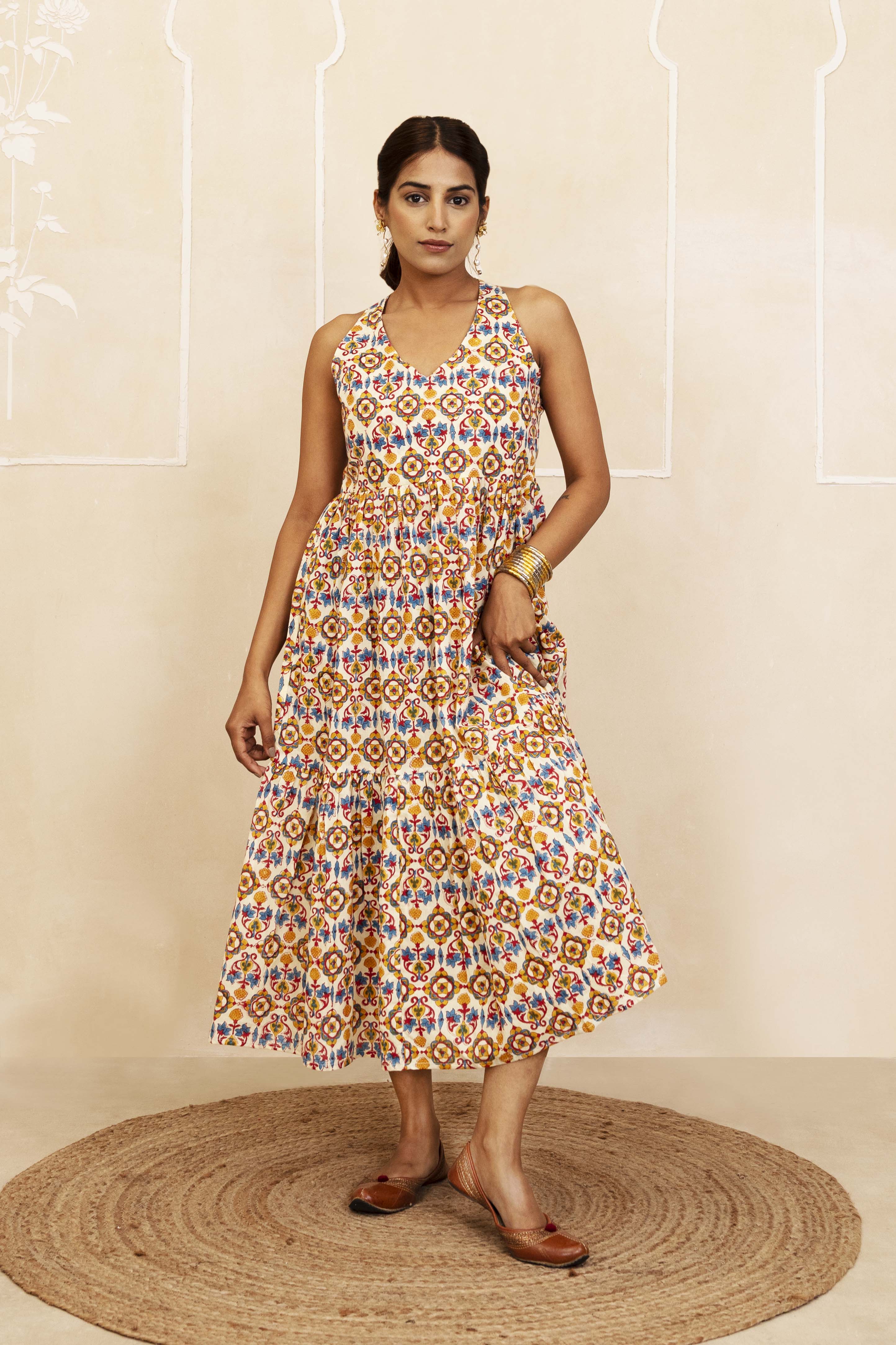 Blue, Red and Yellow Halter Neck Dress