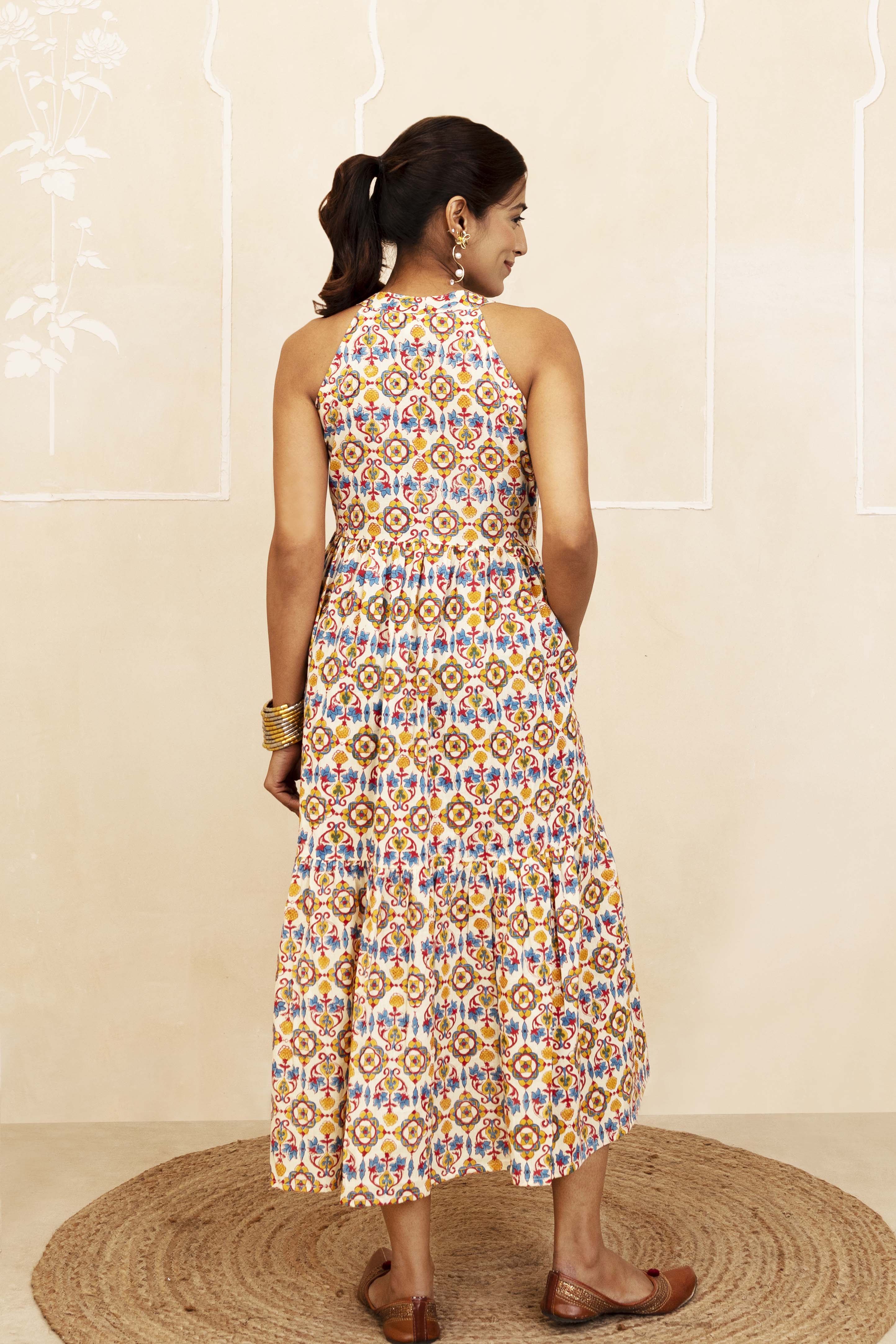 Blue, Red and Yellow Halter Neck Dress