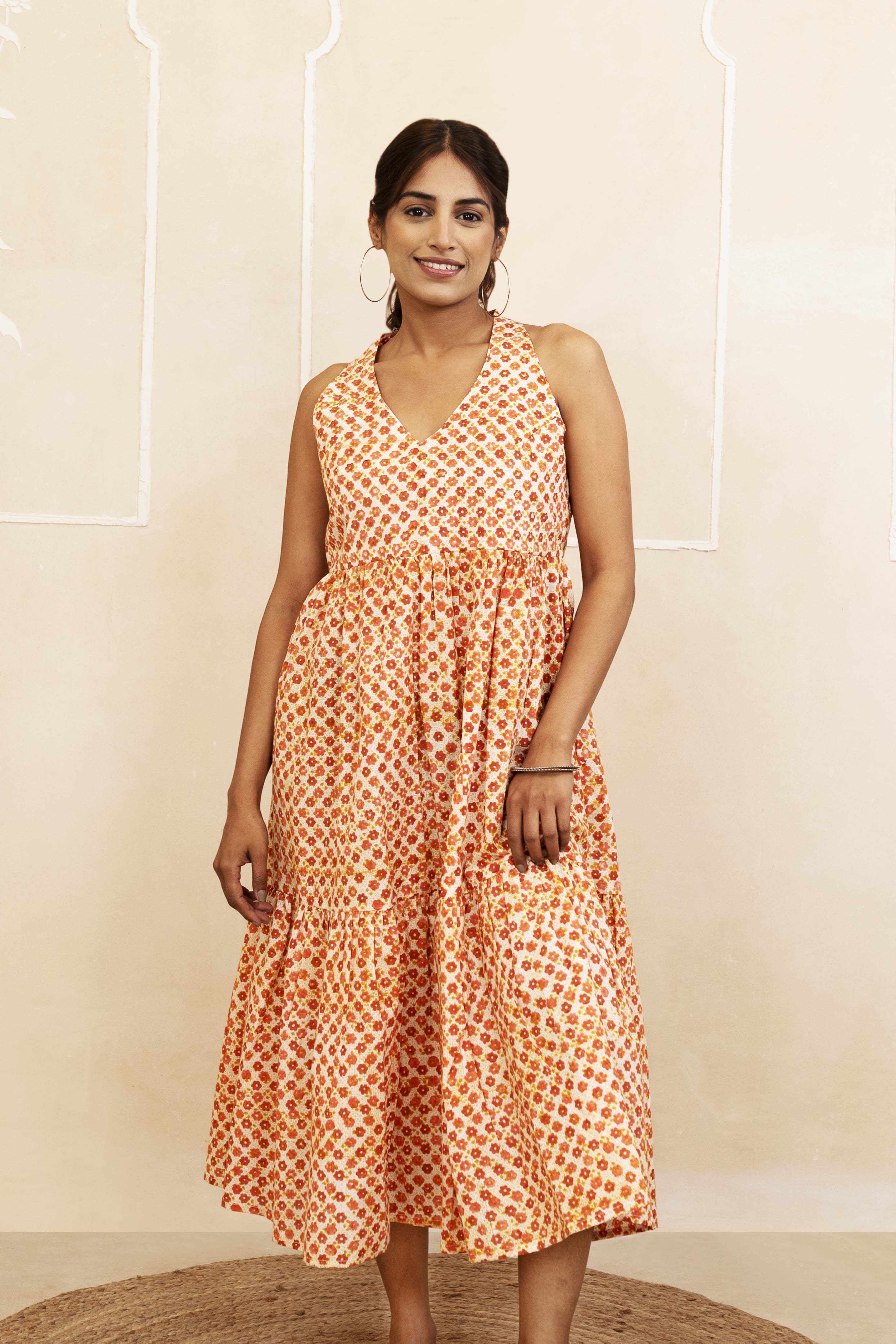 Mustard and Maroon Halter Neck Dress
