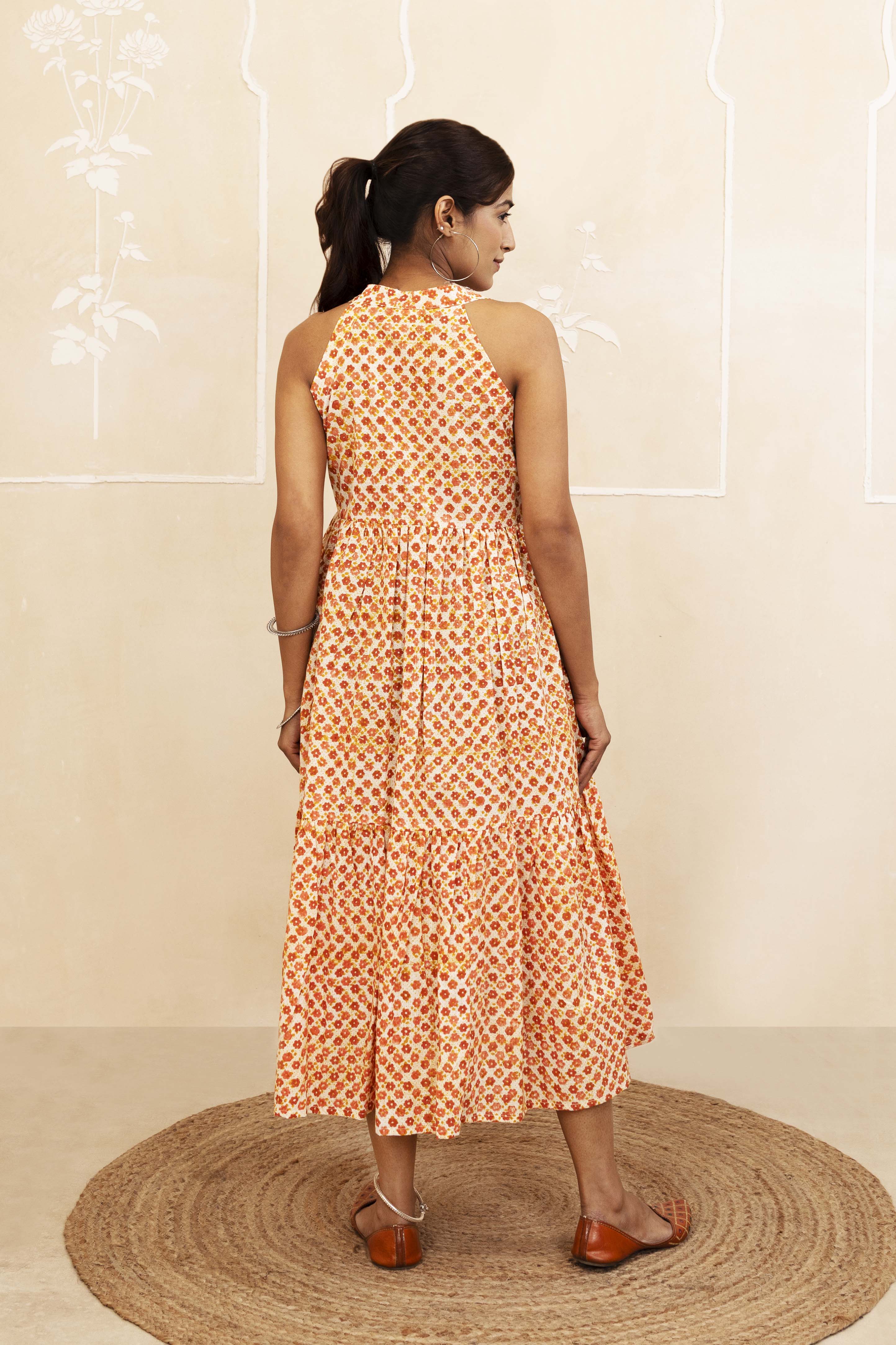 Mustard and Maroon Halter Neck Dress