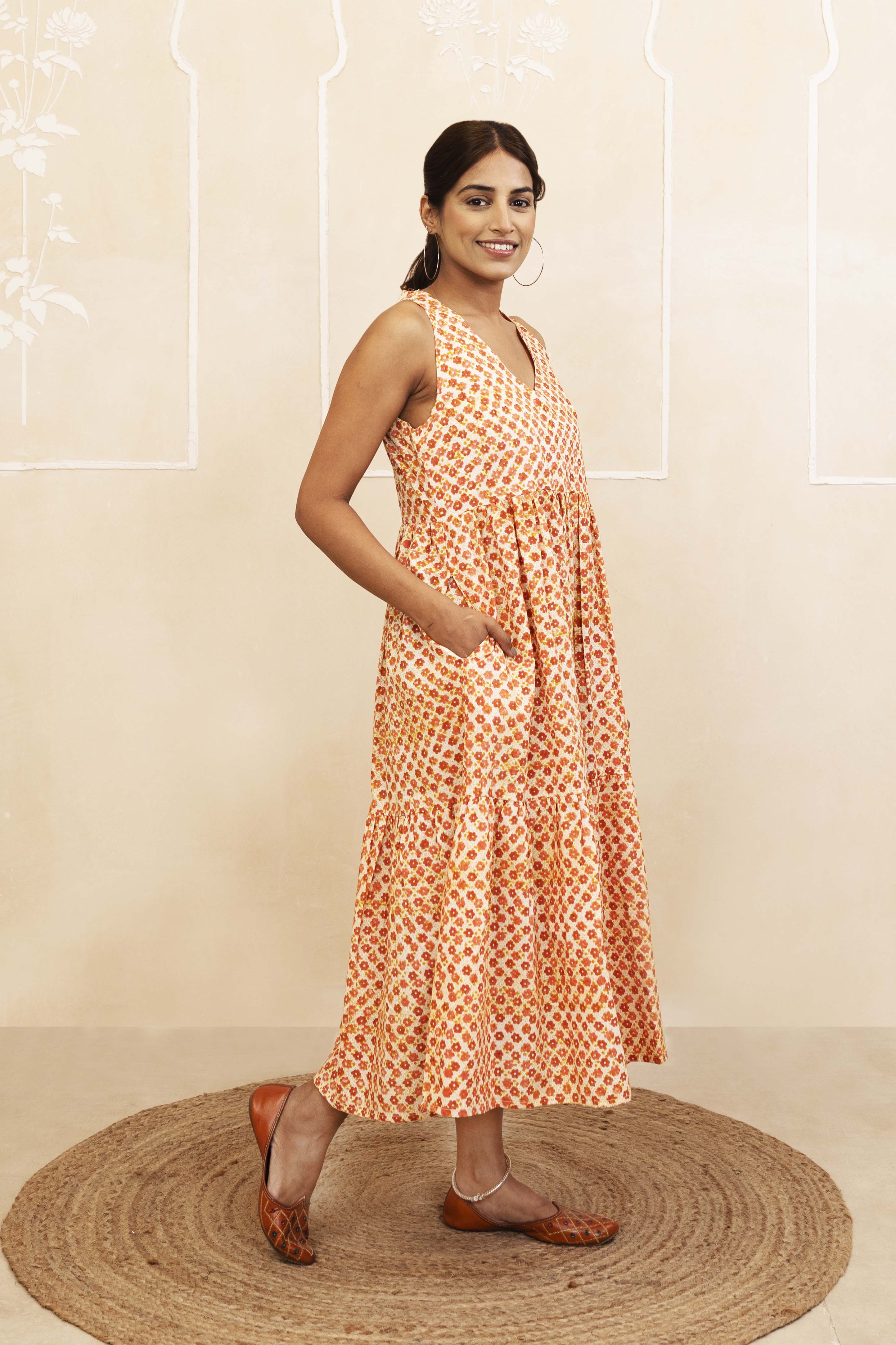 Mustard and Maroon Halter Neck Dress