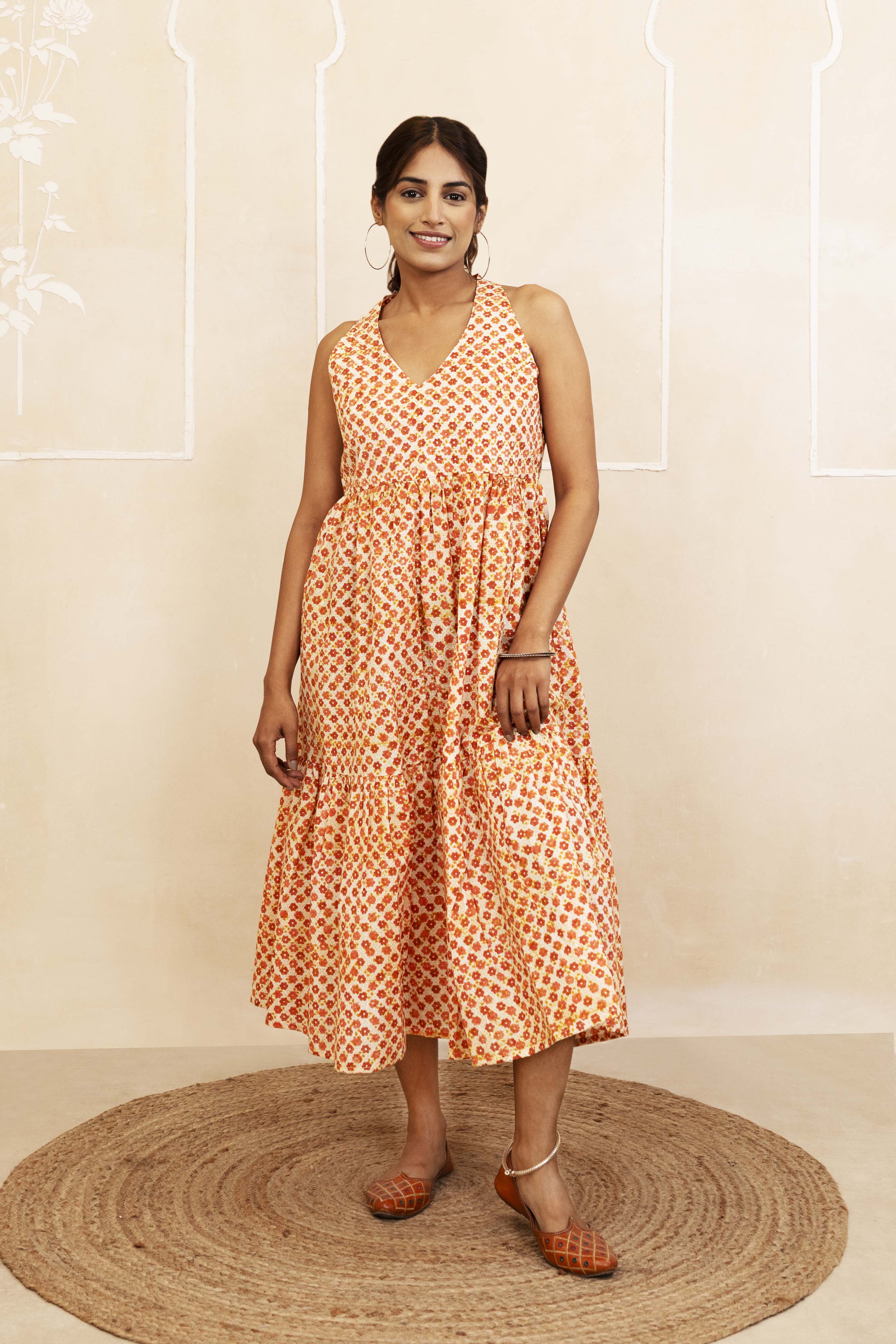 Mustard and Maroon Halter Neck Dress