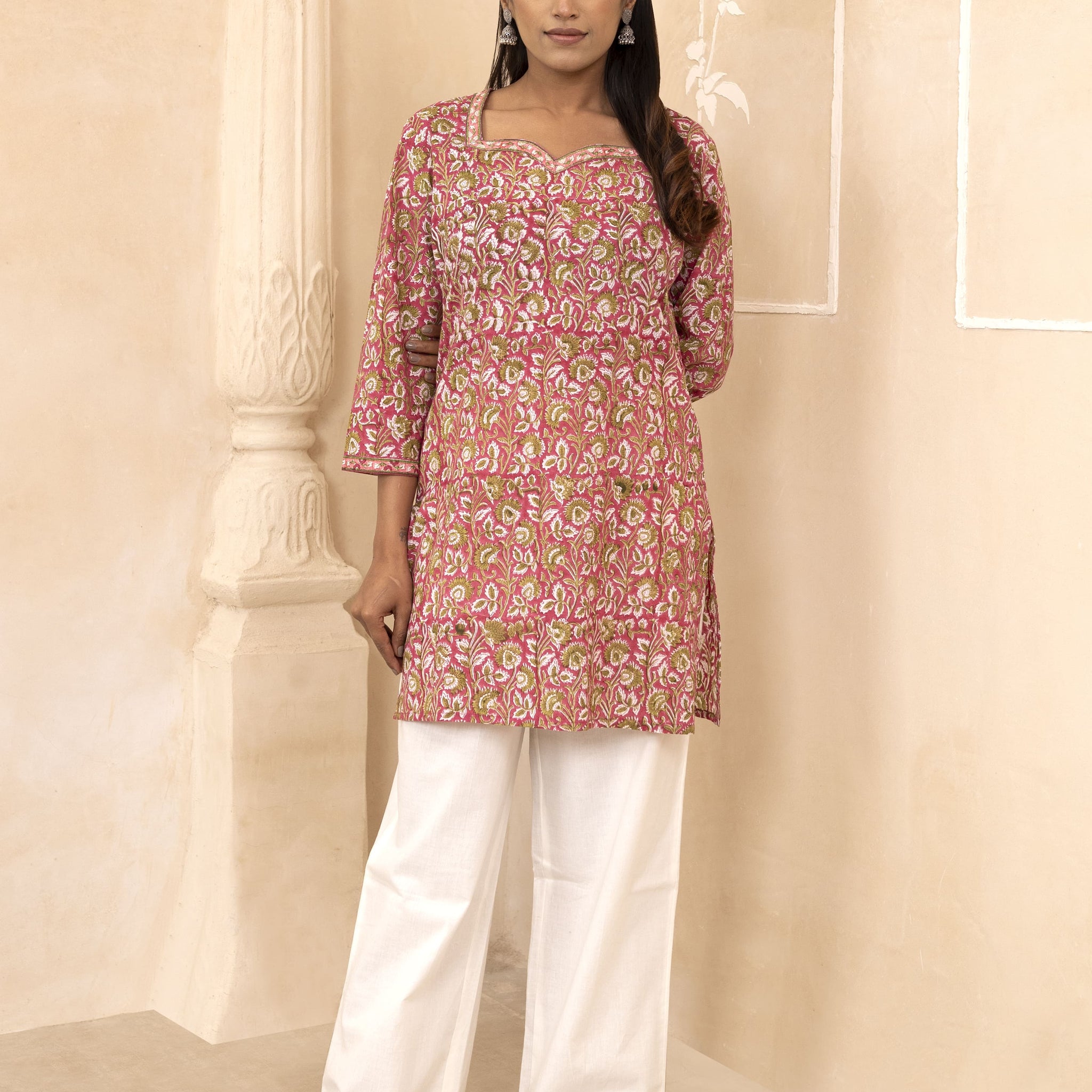 Raspberry Pink Handblock Printed Short Kurti