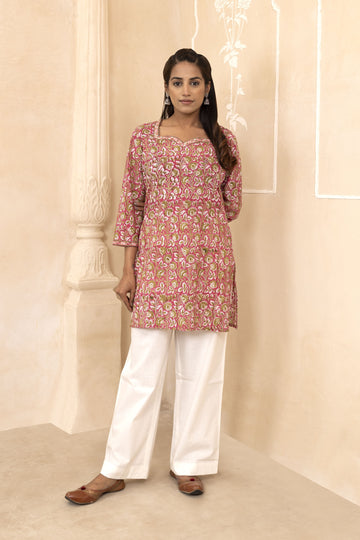 Raspberry Pink Handblock Printed Short Kurti