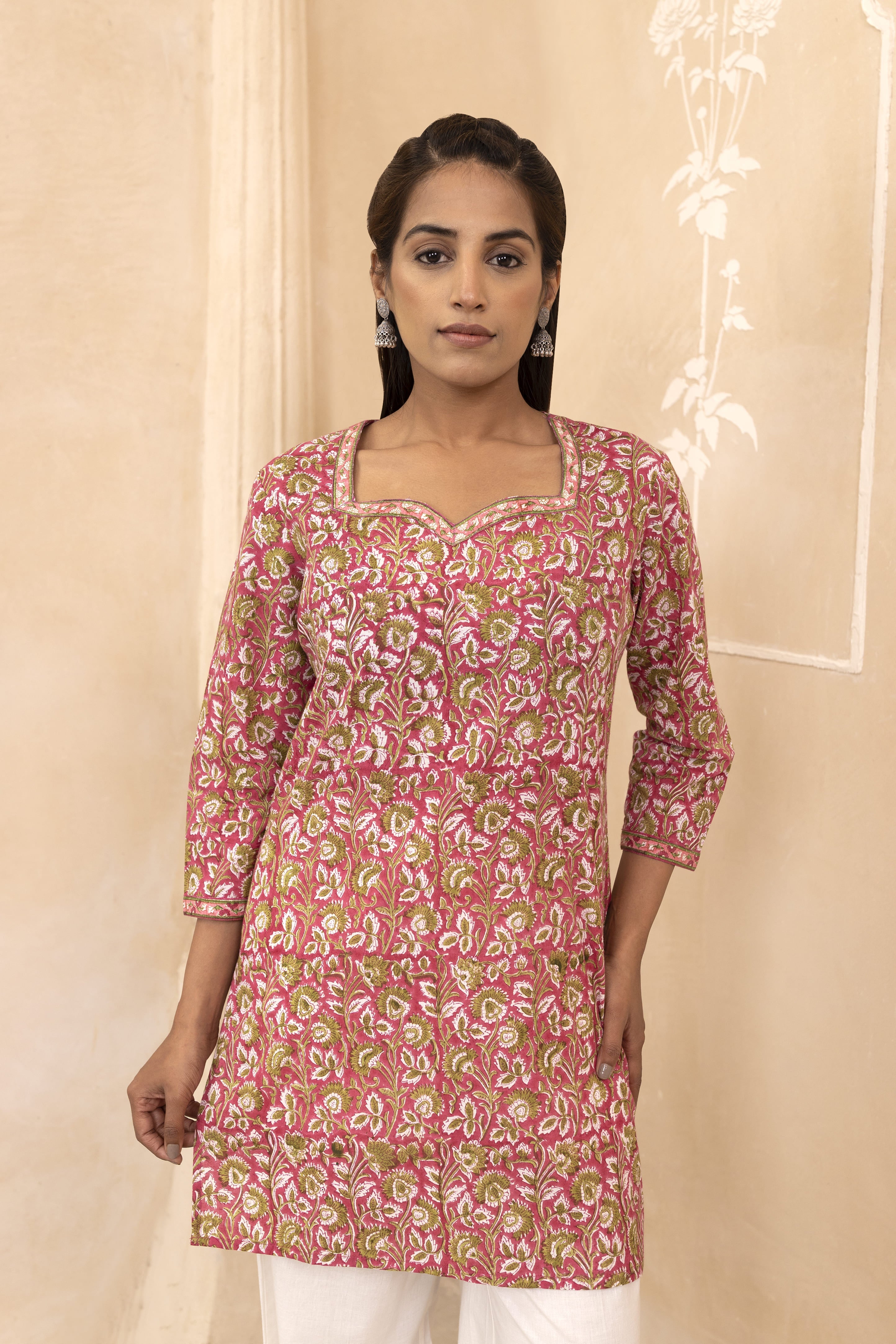 Raspberry Pink Handblock Printed Short Kurti