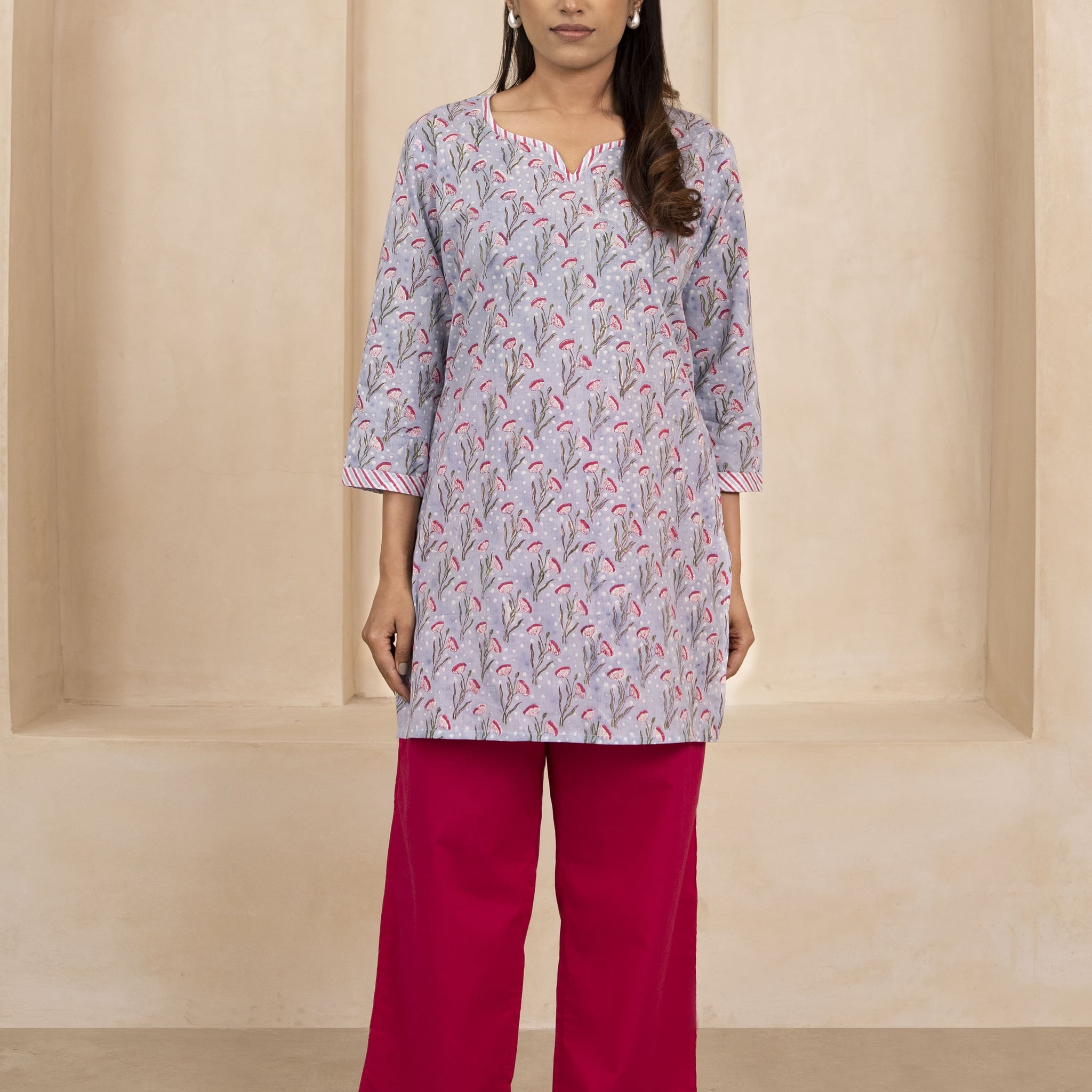 Sky Blue Handblock Printed Short Kurti