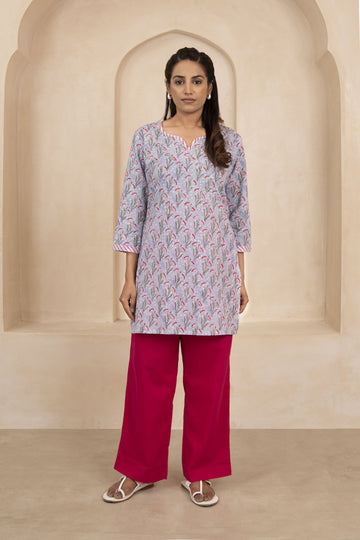 Sky Blue Handblock Printed Short Kurti