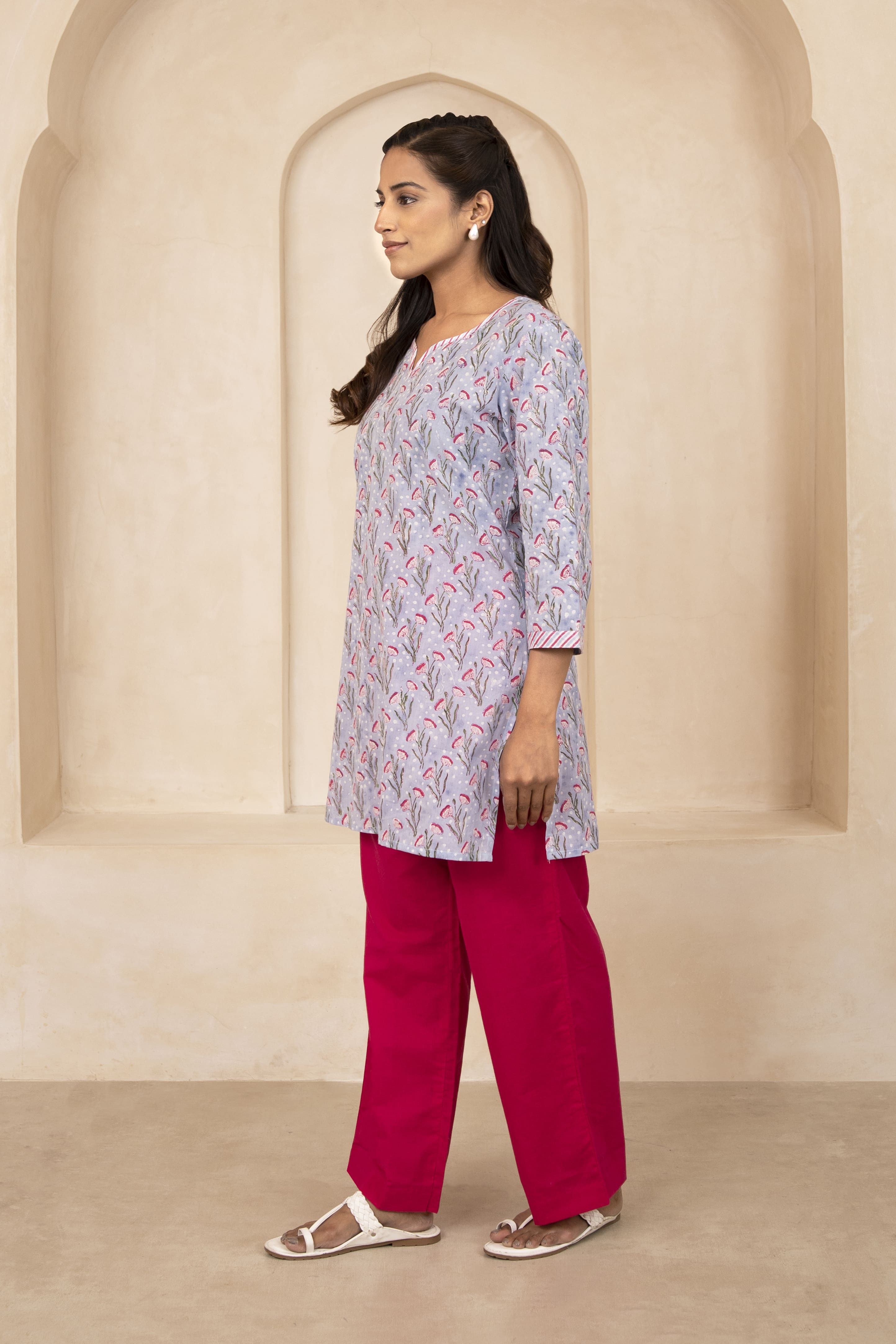 Sky Blue Handblock Printed Short Kurti