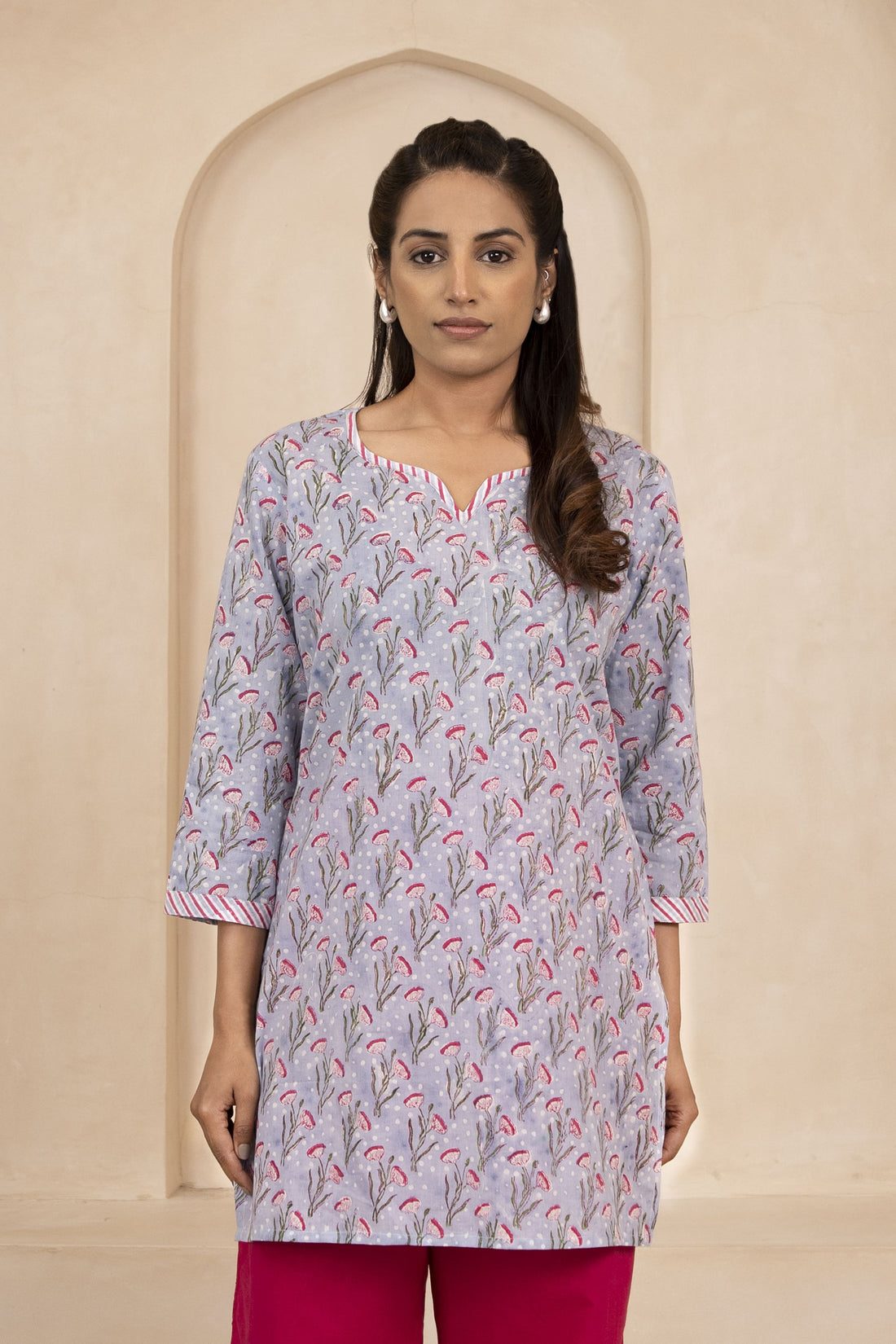 Sky Blue Handblock Printed Short Kurti