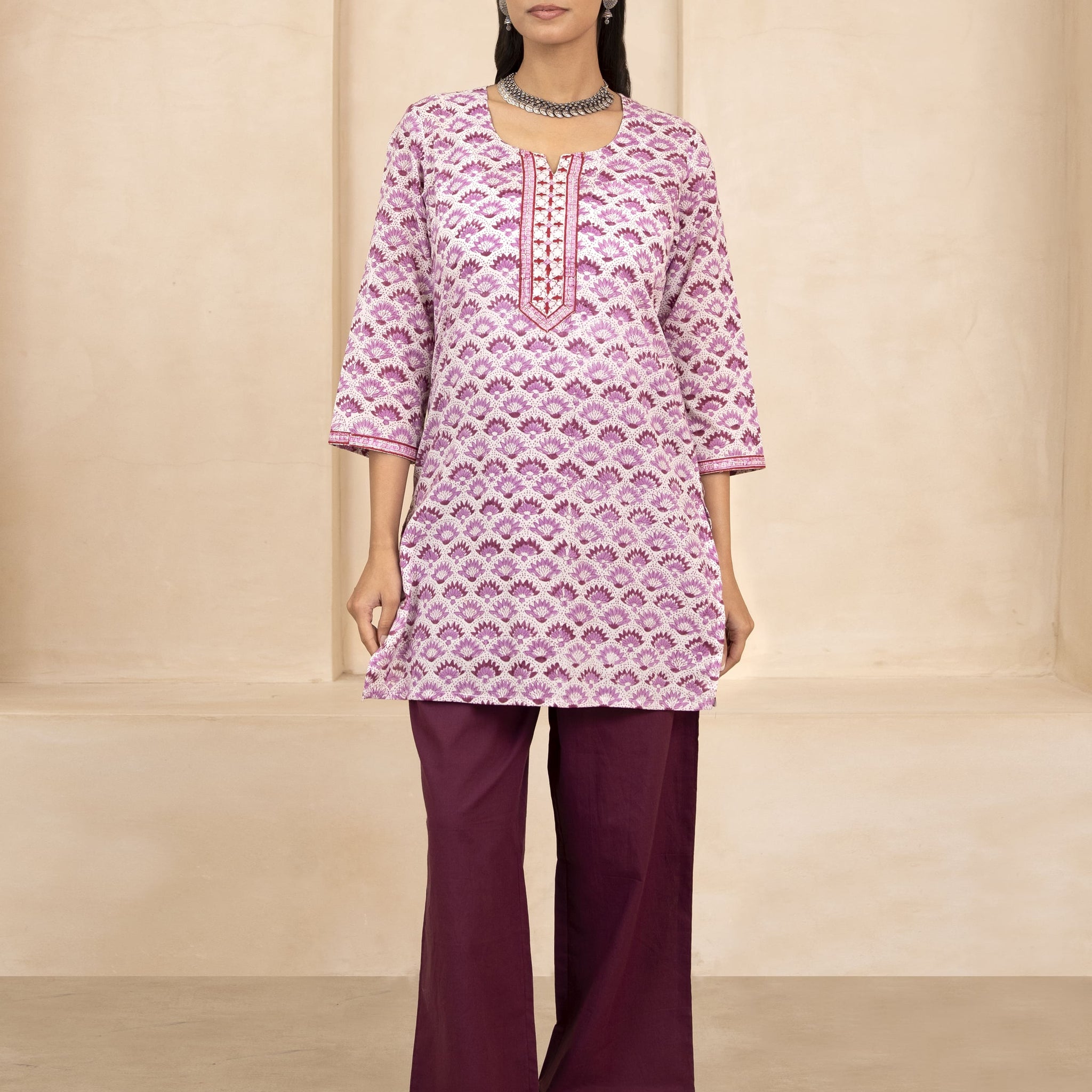 White and Purple Handblock Printed Short Kurti
