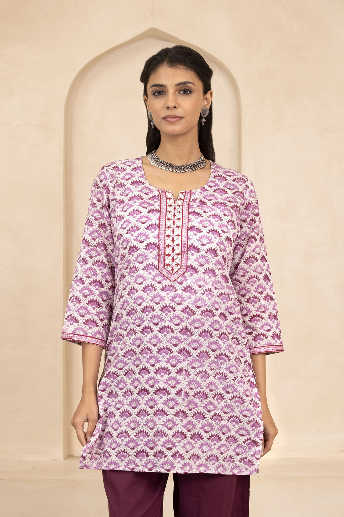 White and Purple Handblock Printed Short Kurti