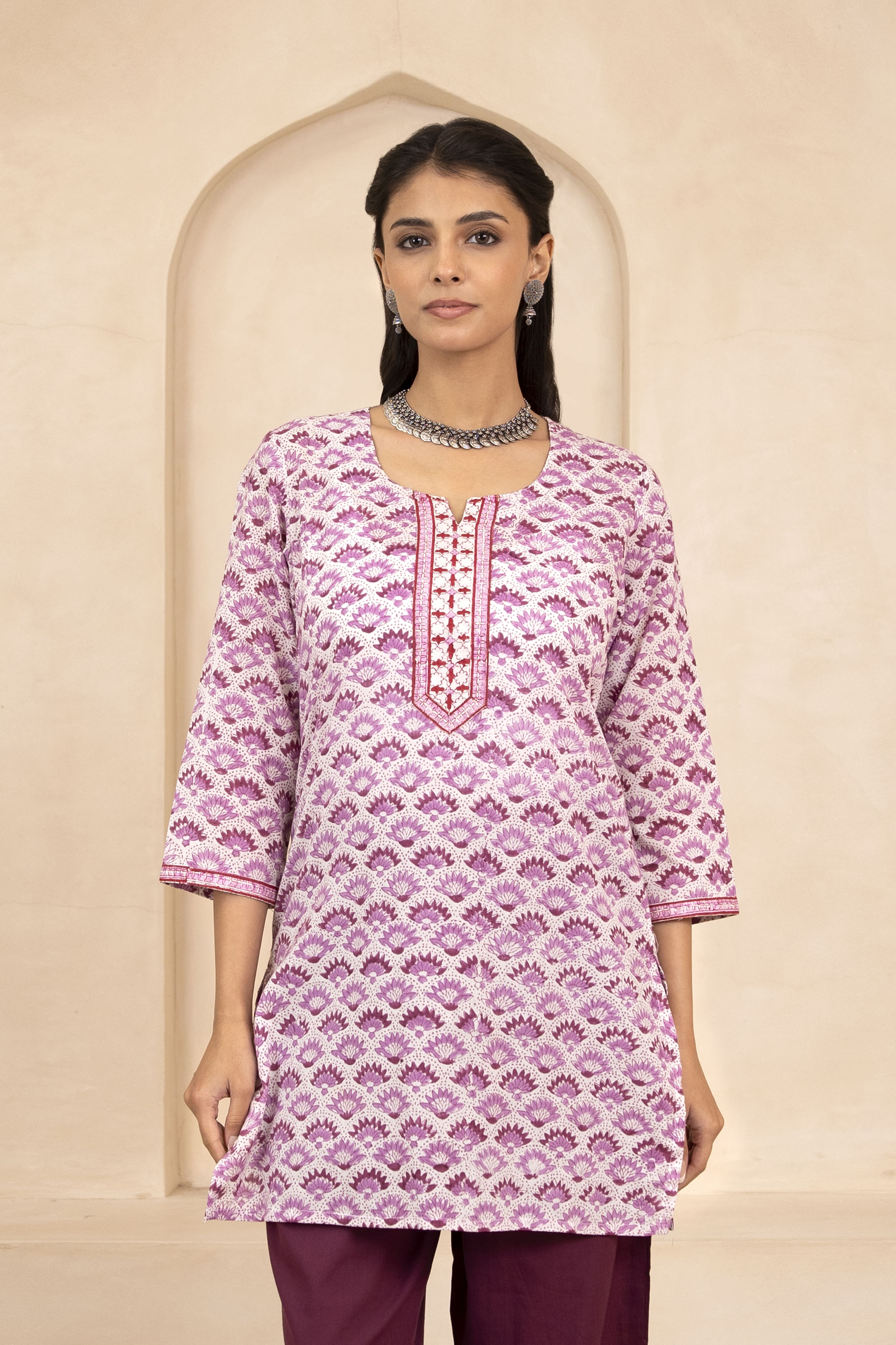 White and Purple Handblock Printed Short Kurti