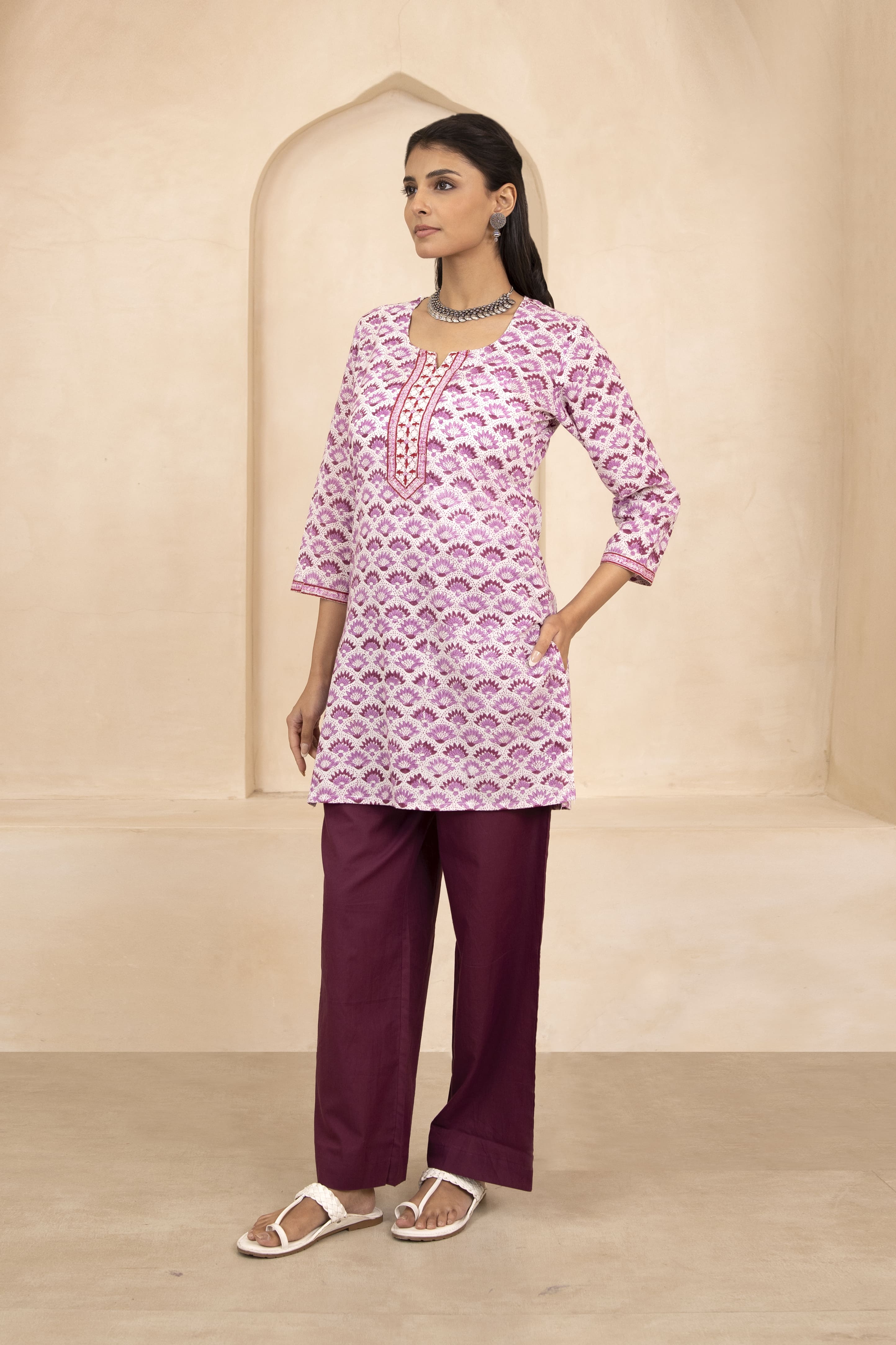 White and Purple Handblock Printed Short Kurti